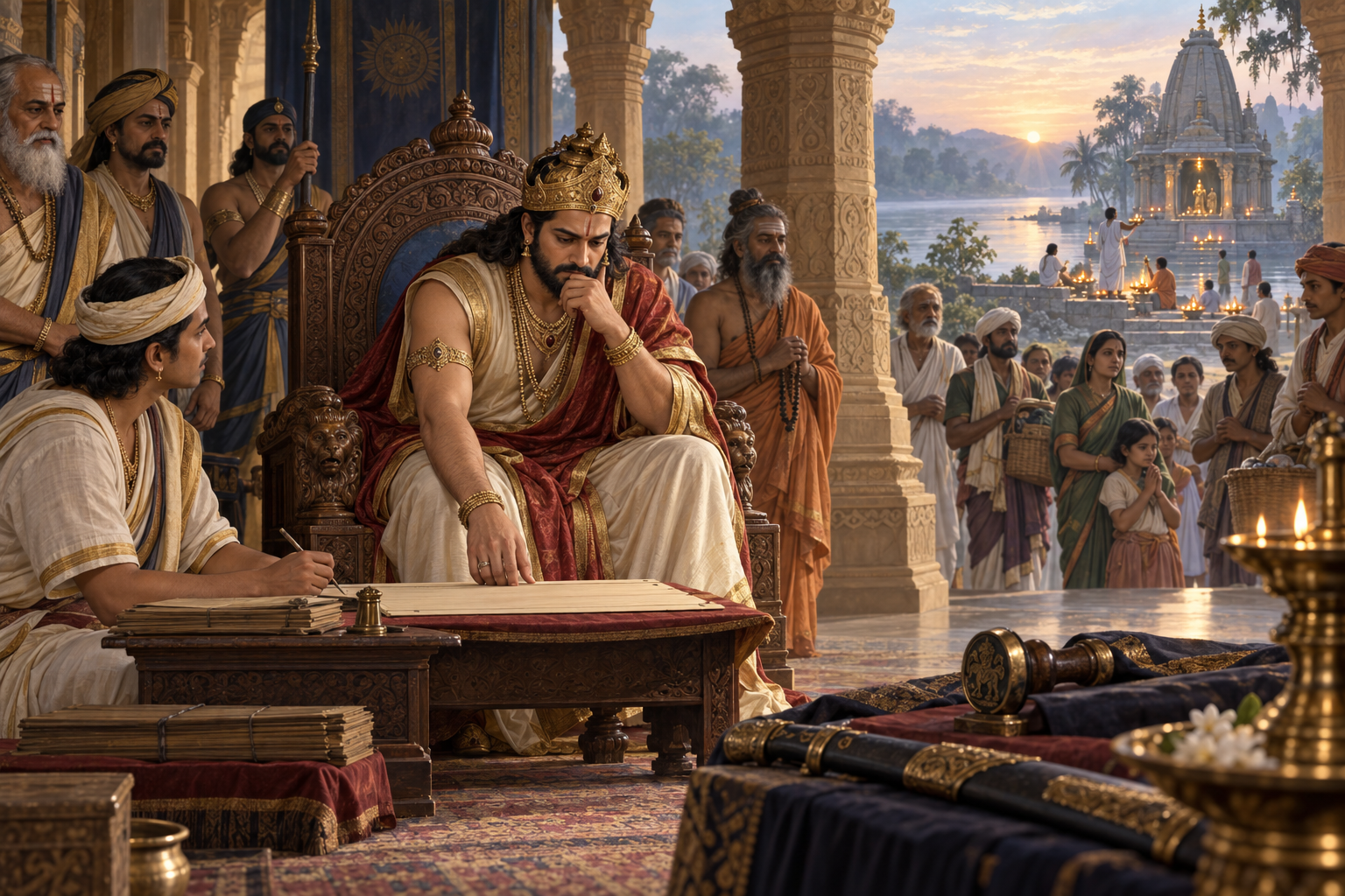 King Rukmangada considers an unmarked decree in a pillared royal court as citizens wait outside and a riverside shrine glows in the distance.