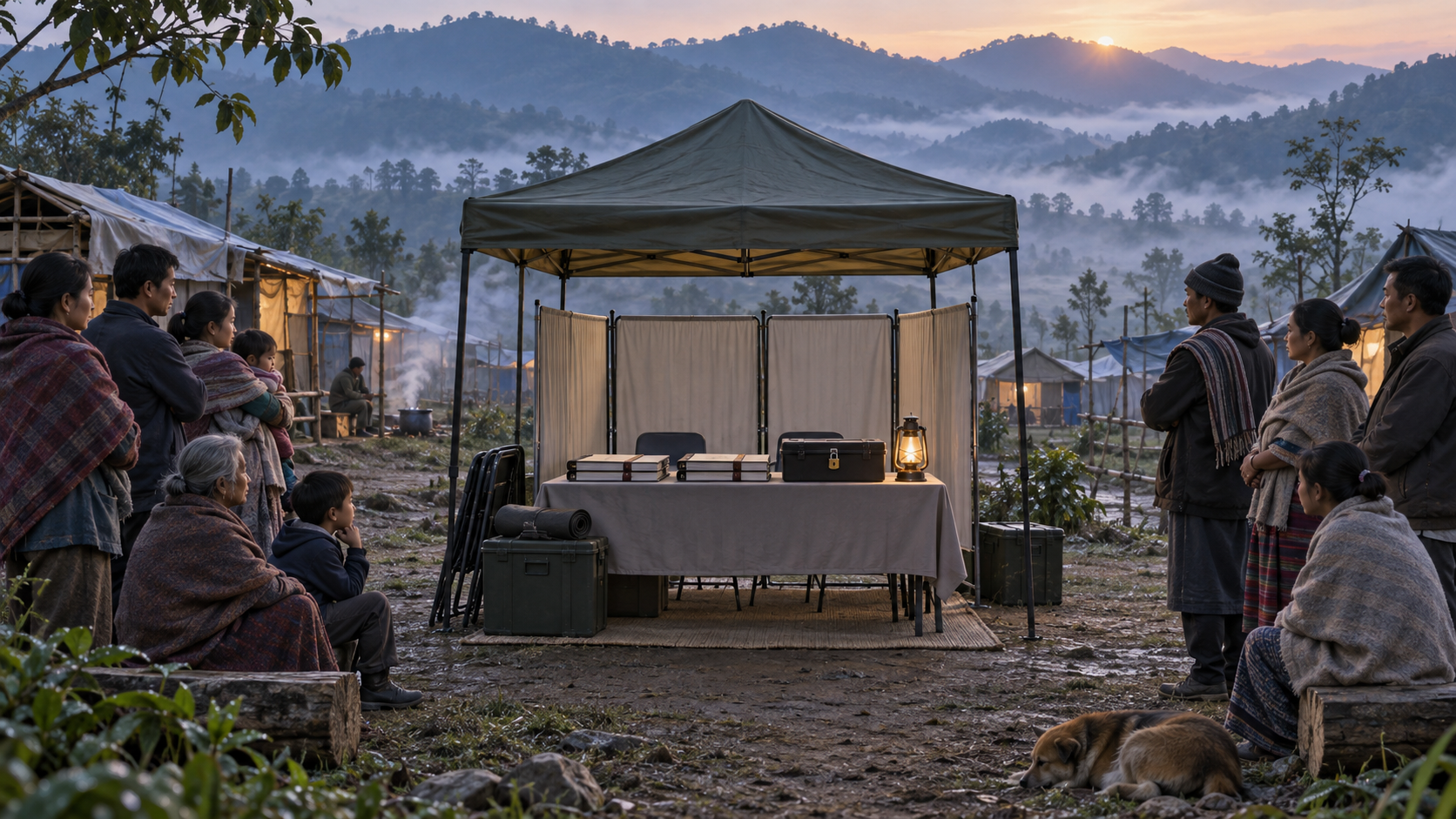Displaced families wait near temporary shelters in Manipur's hills while a documentation team arranges a closed registration desk with privacy screens and sealed ledgers.
