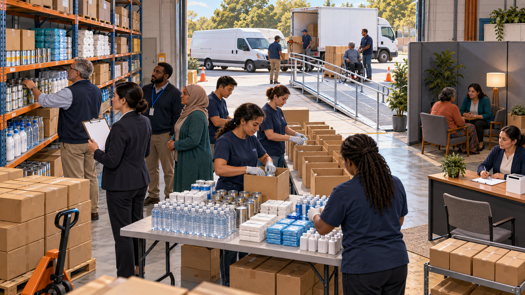 Community reviewers inspect equal aid kits, accessible facilities, inventory shelves, and recipient support at a relief warehouse.