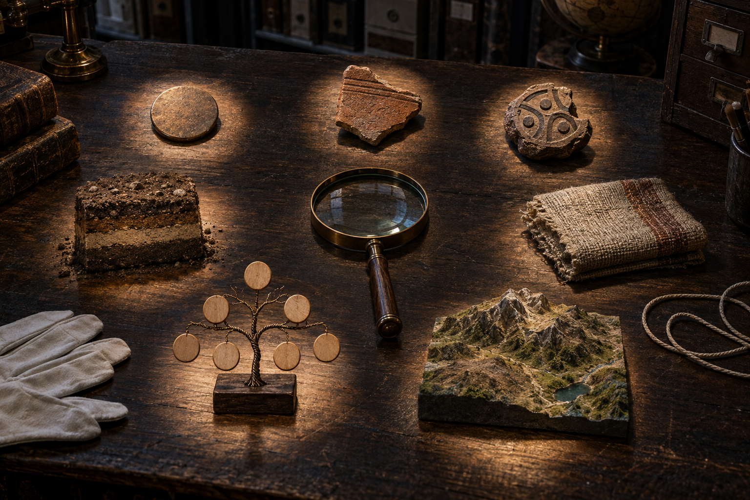 Seven pools of light illuminate different historical and genealogical evidence objects around a magnifying glass on a research table.