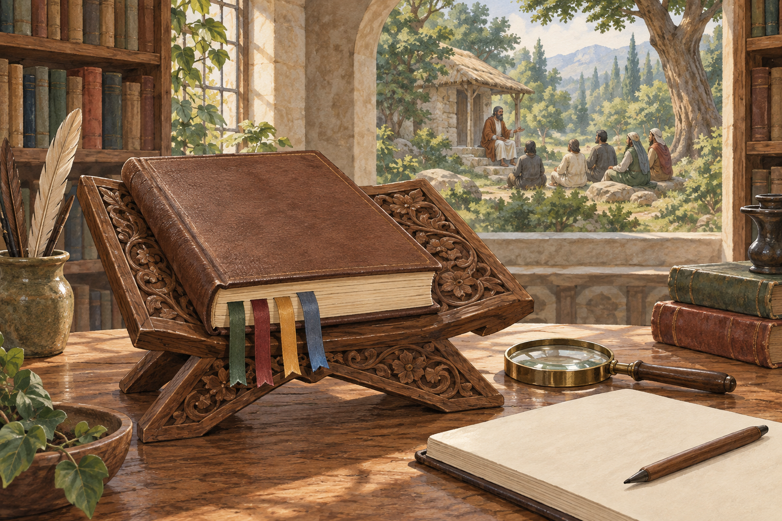 A bookmarked sacred volume on a wooden stand is shown beside study tools and a small forest gathering of a teacher and listeners.