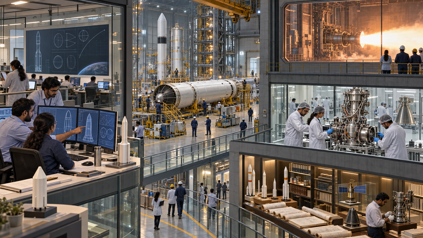 A cutaway aerospace complex shows separate teams designing, manufacturing, testing and documenting launch-vehicle systems.