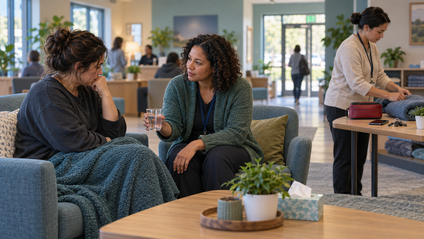A support worker listens to a survivor in a private shelter area while another worker arranges practical assistance nearby.