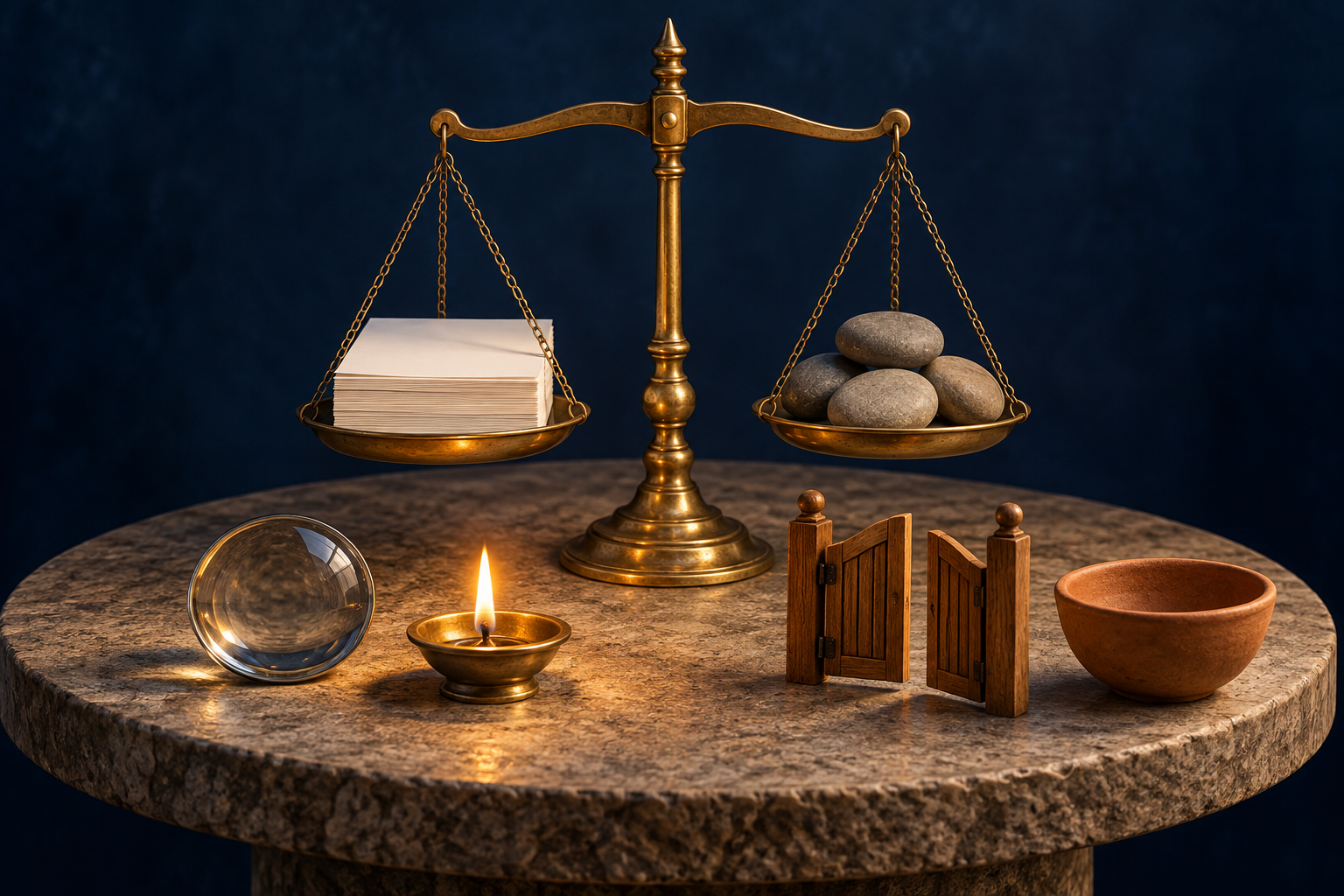 Balanced brass scales, blank records, a magnifying lens, an oil lamp, a miniature open gate, and a clay bowl form a symmetrical still life about scrutiny and fairness.
