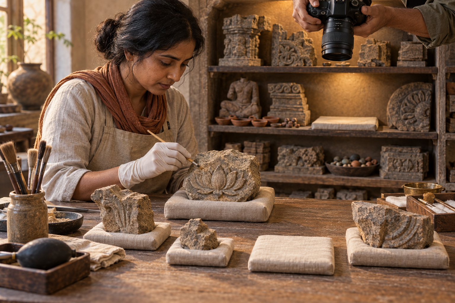 A conservator stabilizes a weathered lotus-carved temple fragment while other incomplete artifacts remain separately supported in museum storage.
