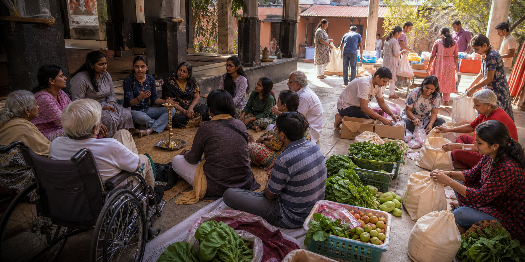 Young people and elders hold a courtyard discussion while other participants prepare produce bags and hygiene supplies for community service.