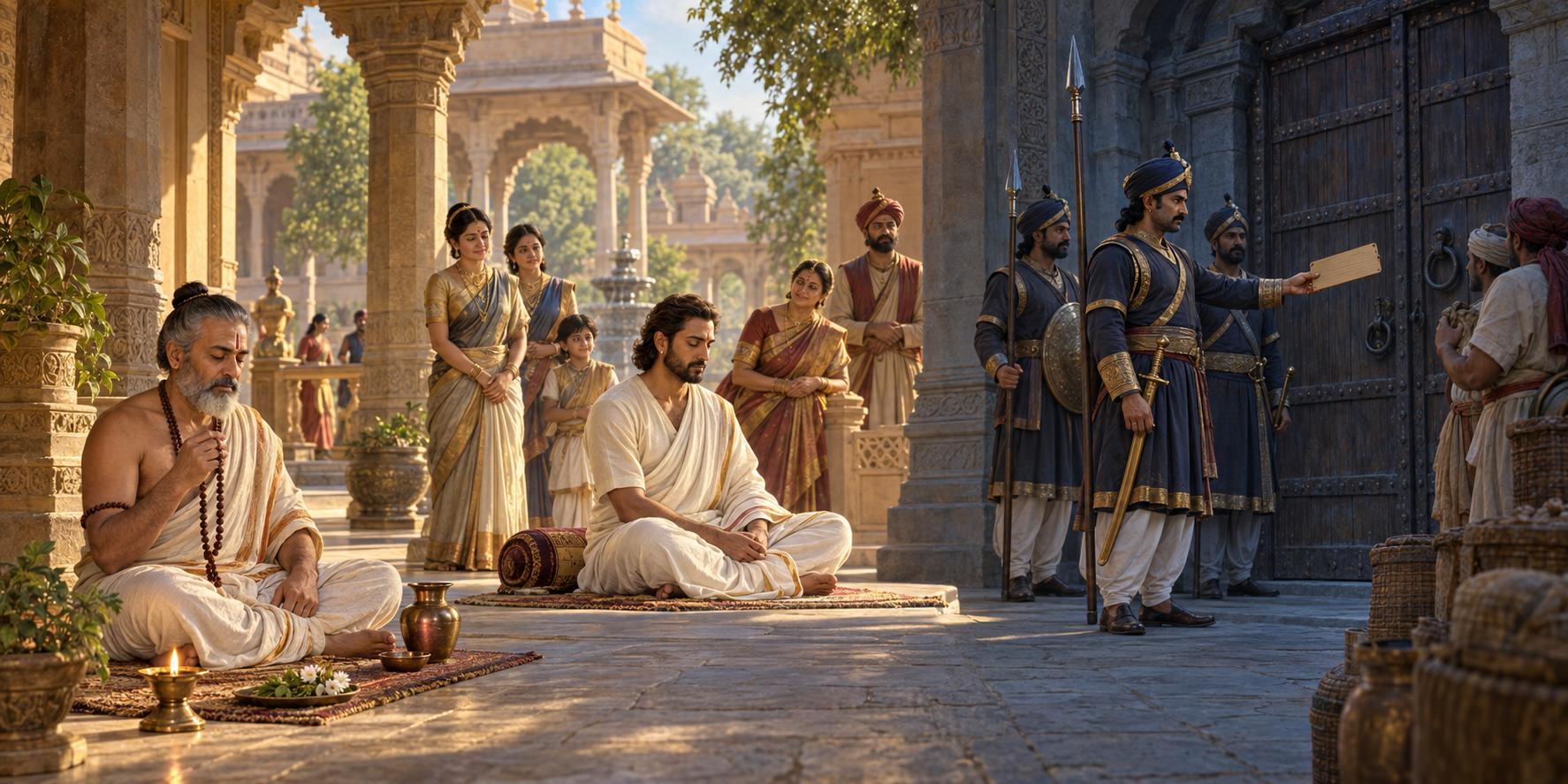 Three connected courtyard scenes show a devotee fasting voluntarily, a ruler leading by personal example, and officials enforcing an unmarked order at a market gate.