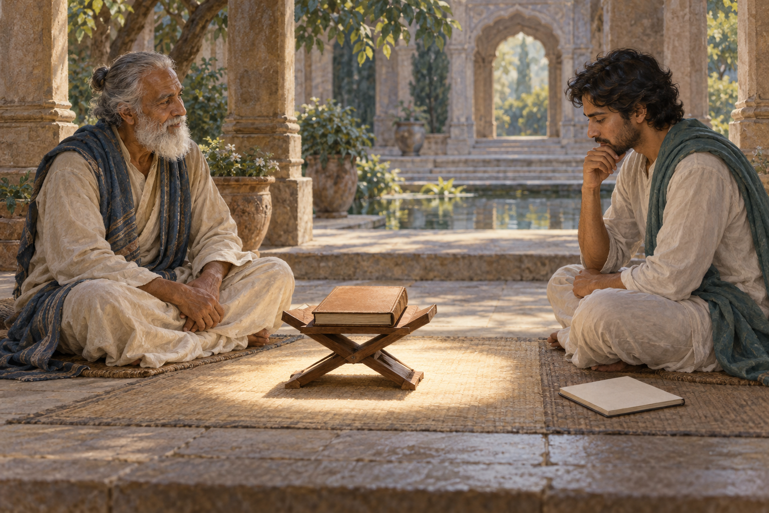 A teacher and student sit with a closed scripture between them while a separate blank notebook rests beside the student.