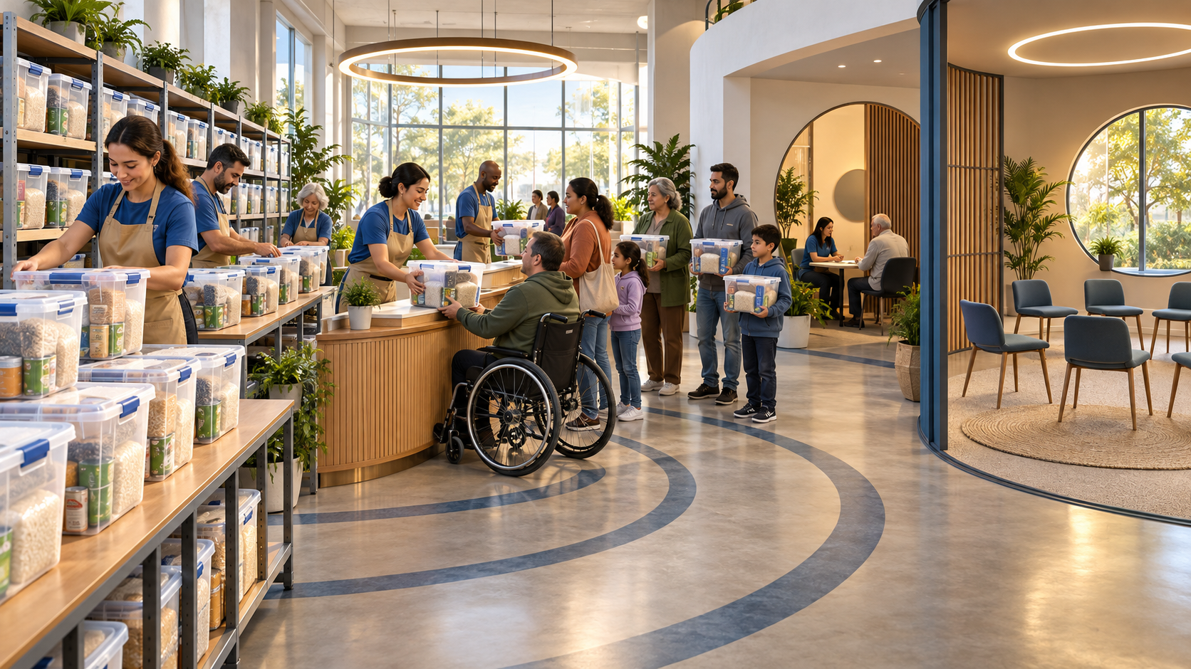 Volunteers move equal supply kits through an accessible relief hub with private support and an optional quiet area kept separate.