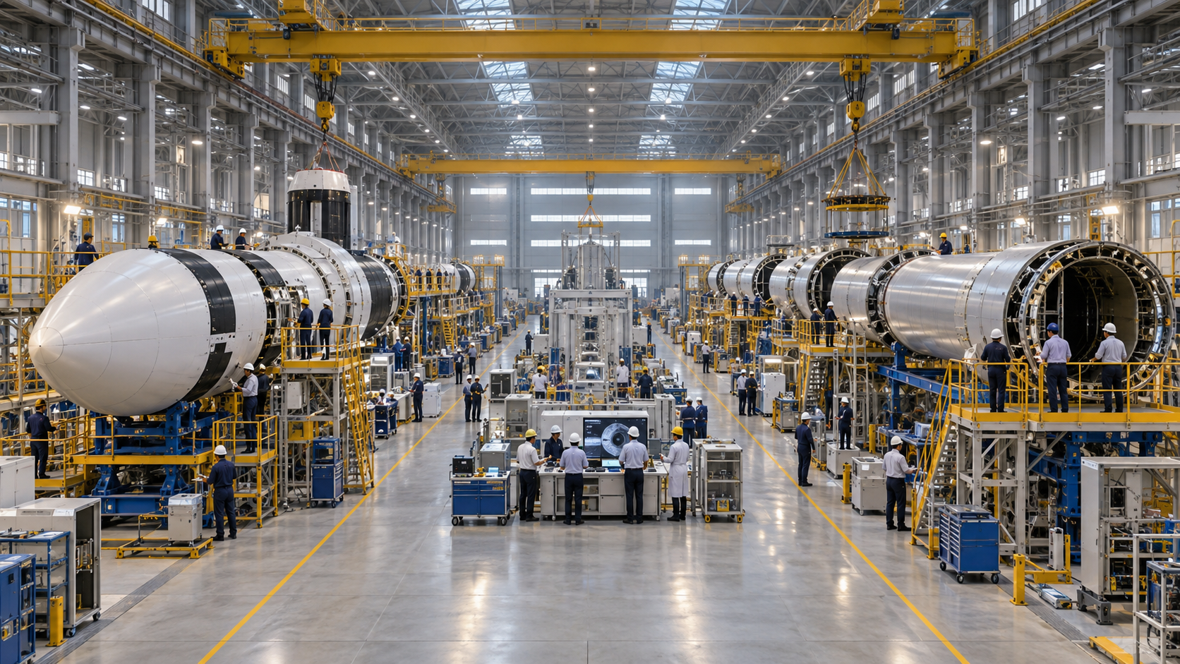 Public-sector and private engineering teams operate parallel rocket assembly lines connected by shared inspection facilities.