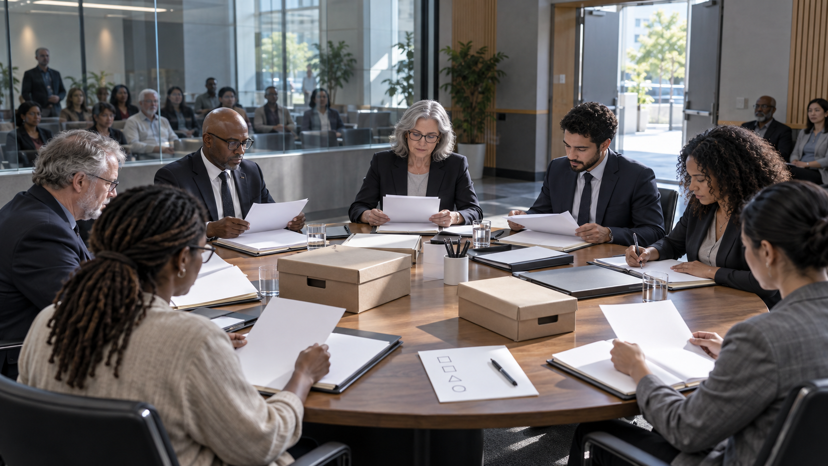 Officials, legal-aid workers, records specialists, and community observers review blank document packets around a circular table as the public watches through glass.