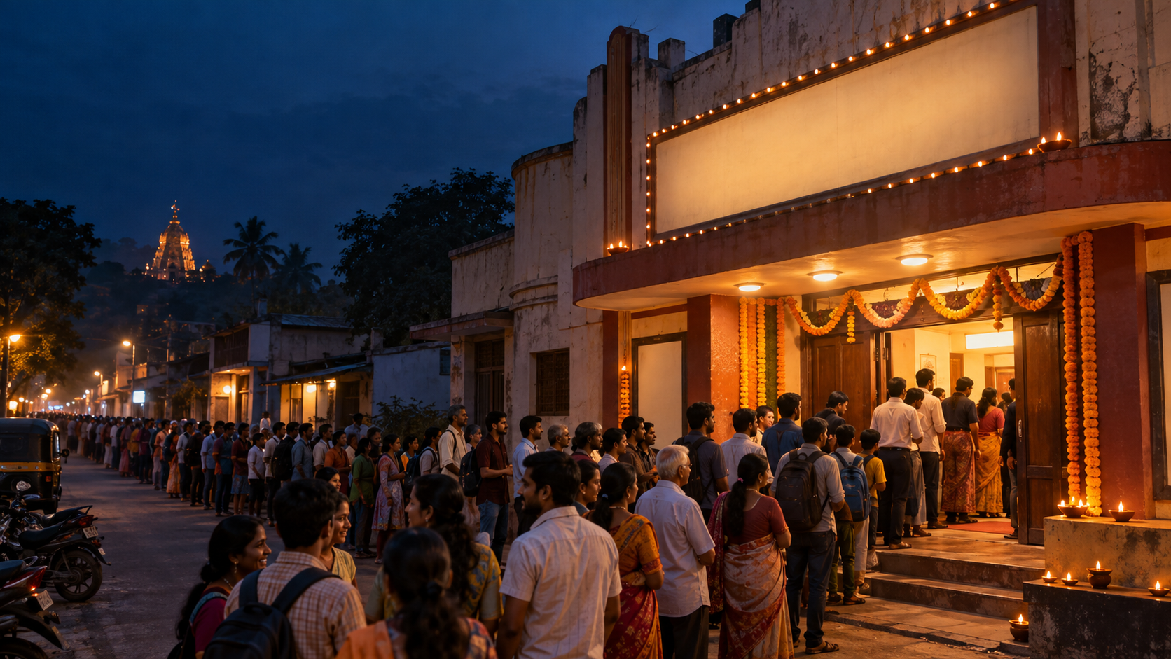 A large, diverse audience queues outside a modest Indian cinema illuminated by warm saffron light at night.
