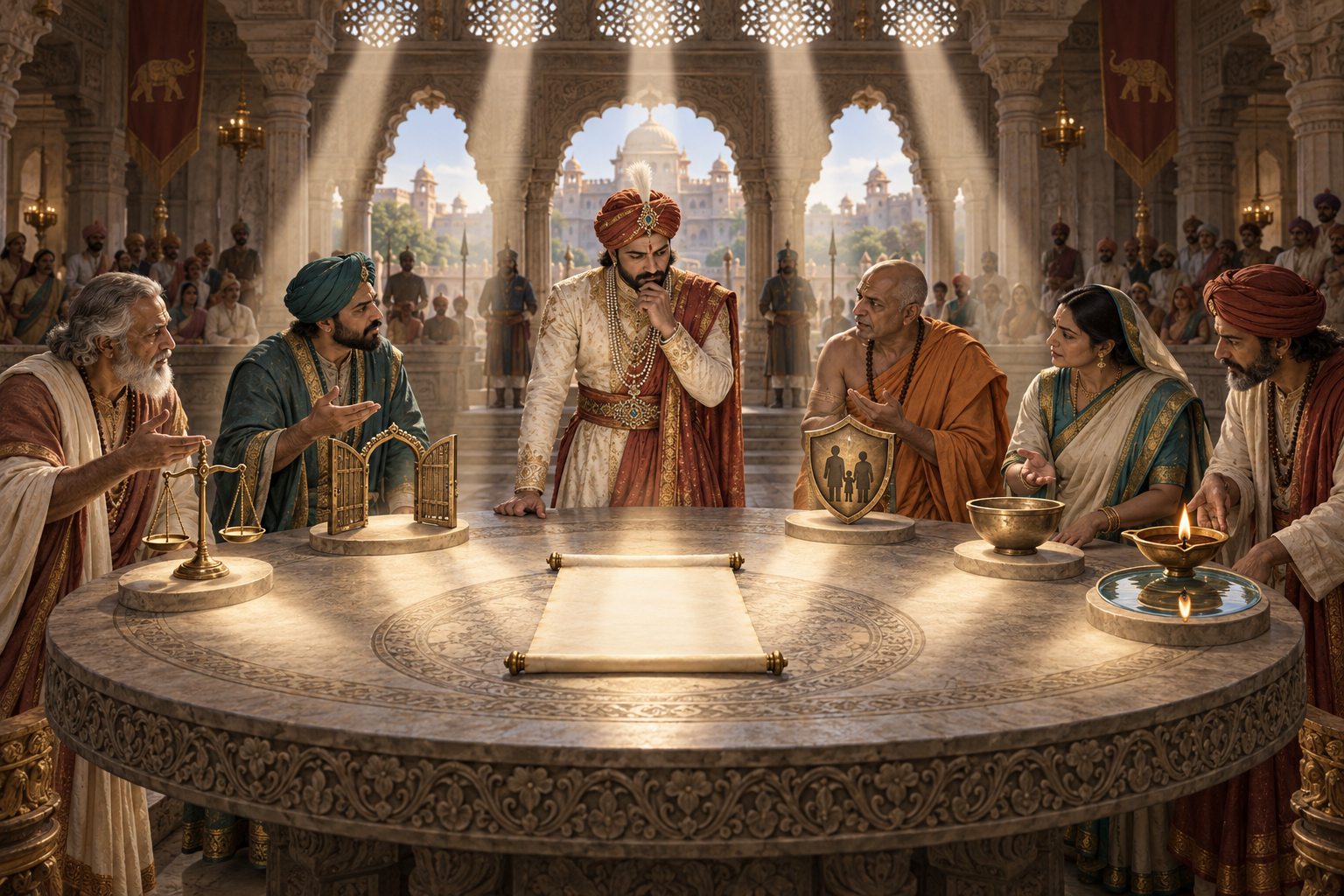 A ruler reviews an unmarked decree with five advisers holding a balance scale, an open gate, a shield, a measured bowl, and a lamp reflected in water.