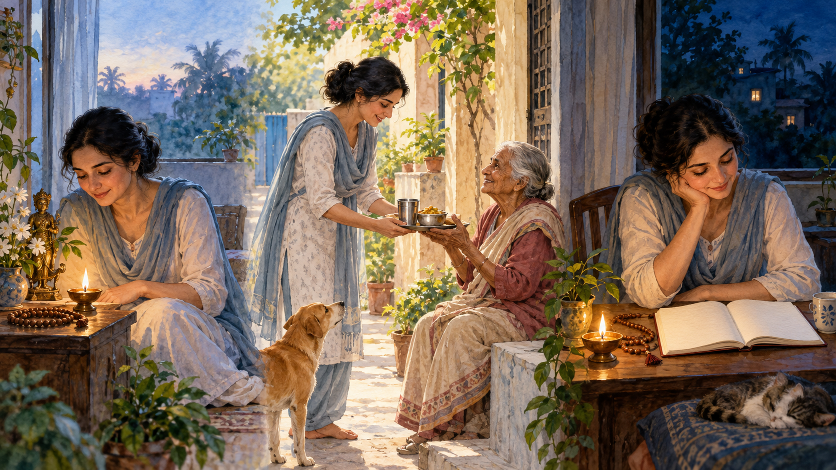 Three connected scenes show a practitioner beginning with prayer beads at dawn, serving a neighbor by day and reviewing the day at night.