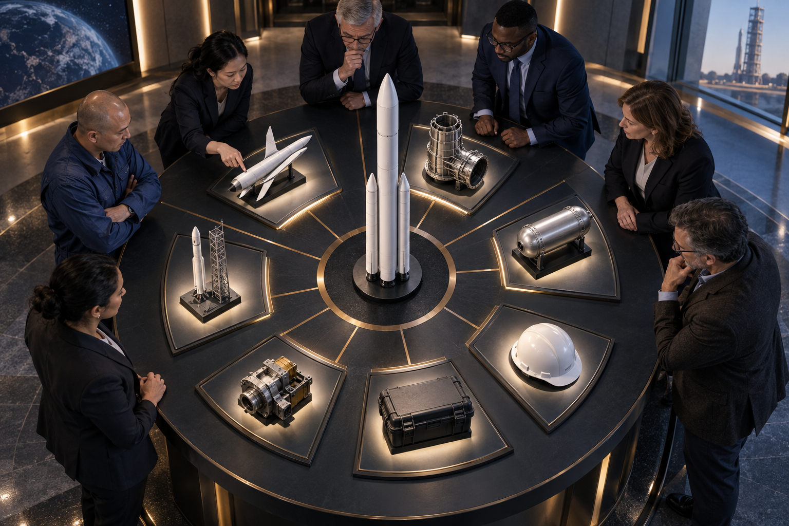 A review group surrounds a rocket model and seven evidence stations representing design, production, testing, safety, records, supply and contingency capability.