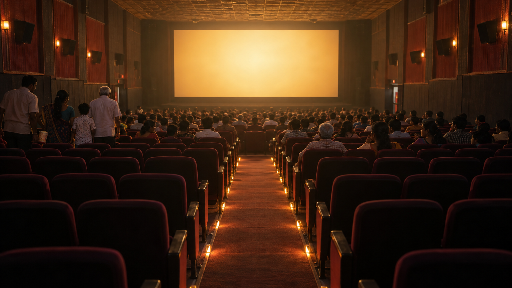Cinema rows progress from mostly empty seats in the foreground to a full audience near a warmly glowing screen.