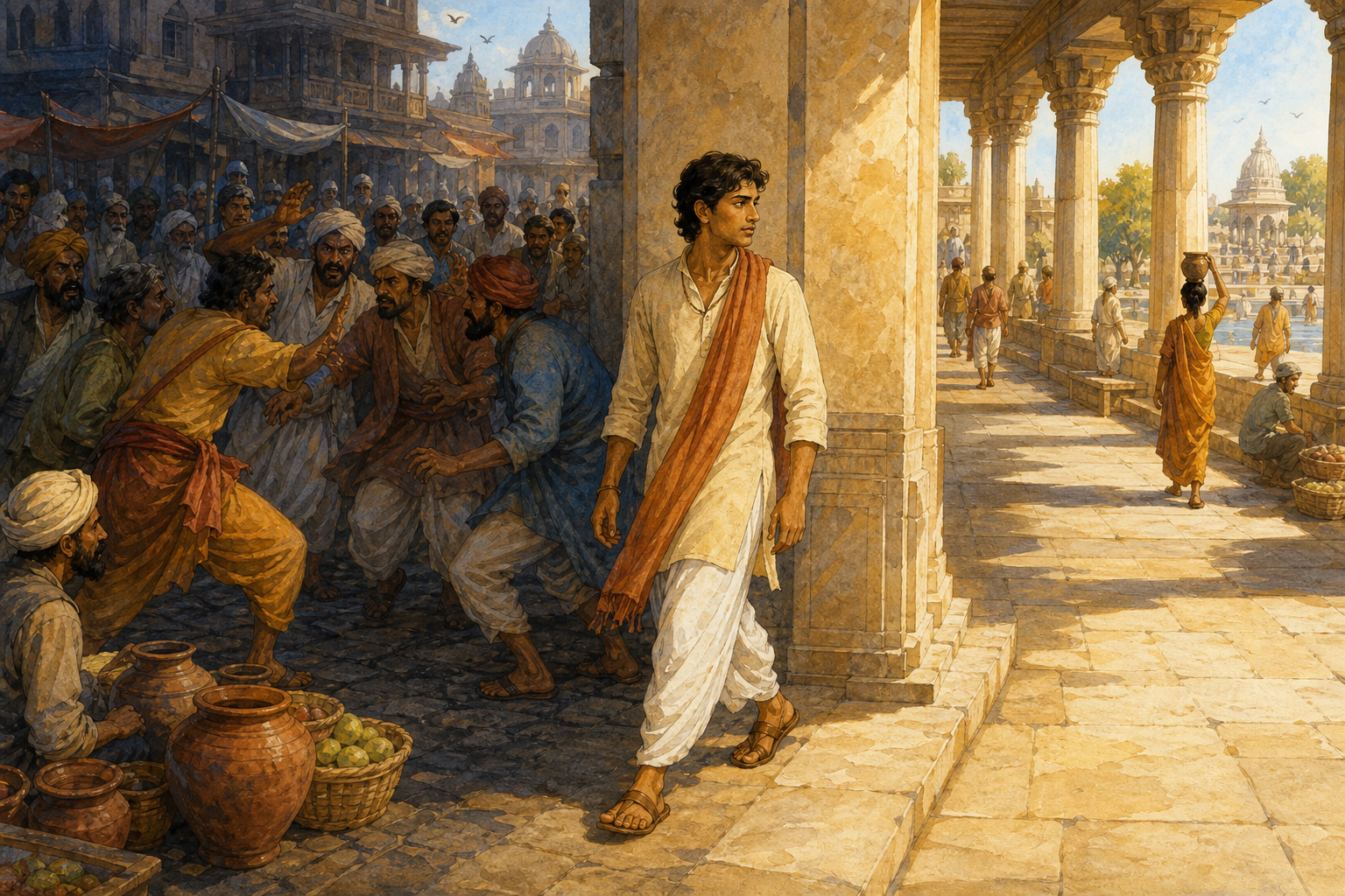 A young man calmly leaves a crowded public dispute and walks toward an open sunlit path.
