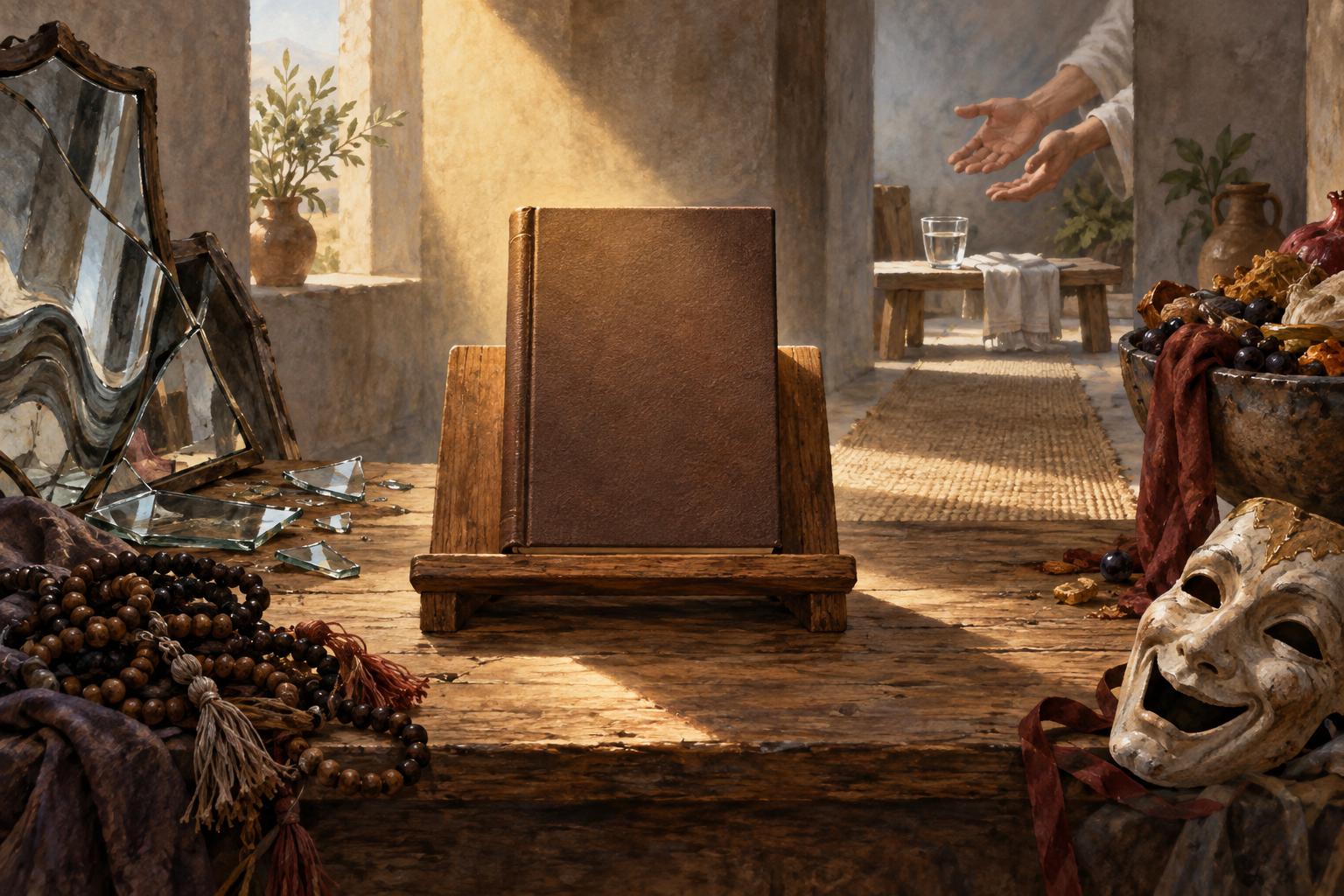 A plain scripture remains in clear light while warped glass, tangled beads, an overfilled bowl and a mask cast distorted shadows around it.