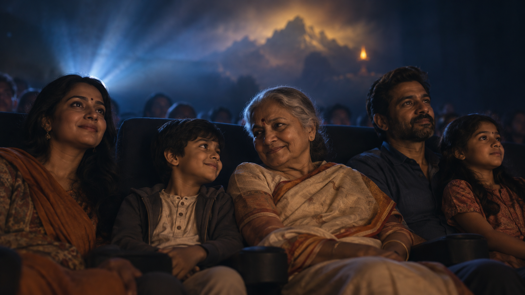 A multigenerational Indian family watches a film together as golden light and a faint mountain-shaped glow fill the cinema.