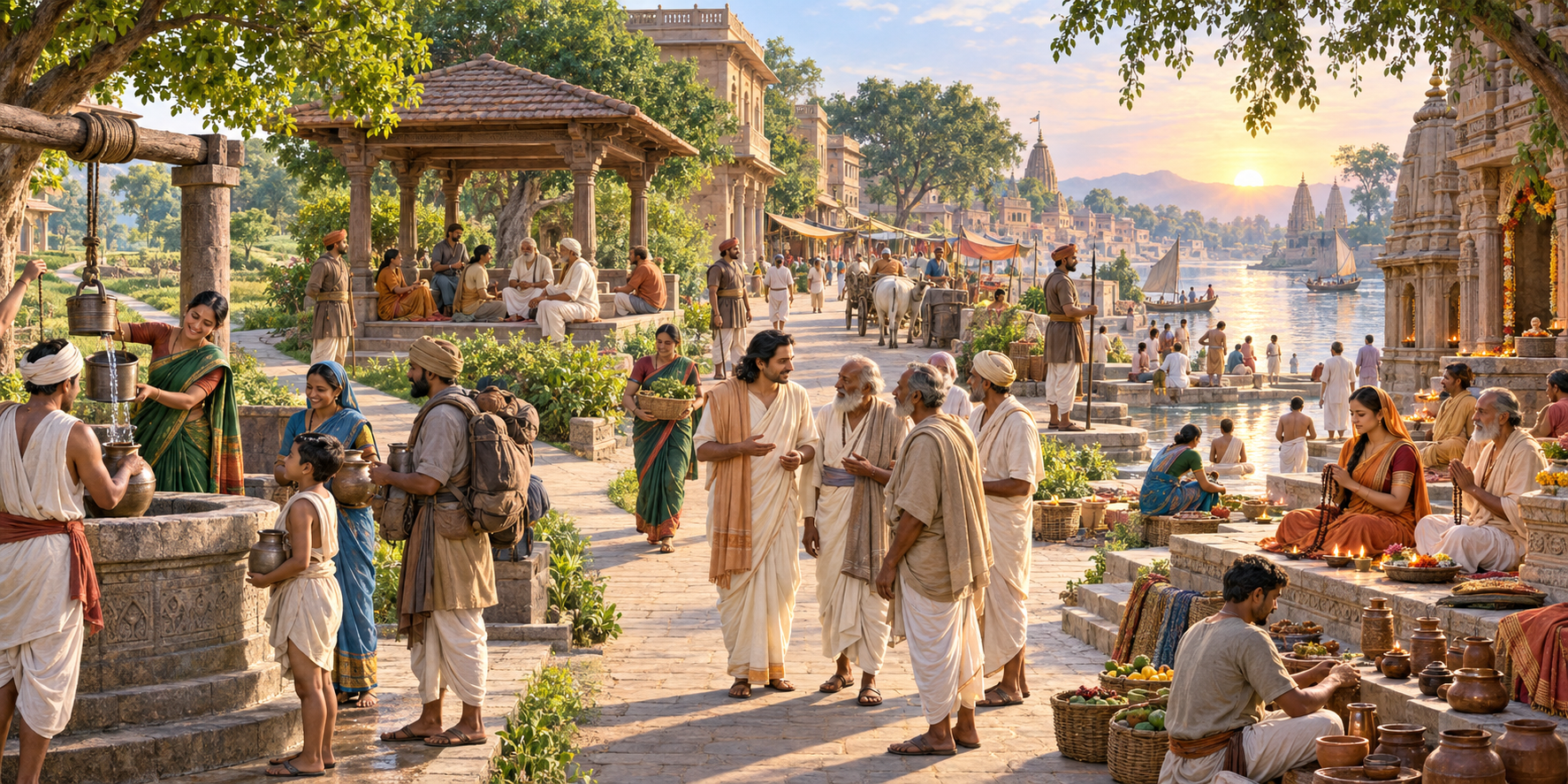 A ruler and community elders oversee wells, a rest pavilion, safe roads, and a peaceful shrine where some townspeople worship voluntarily while others continue daily work.