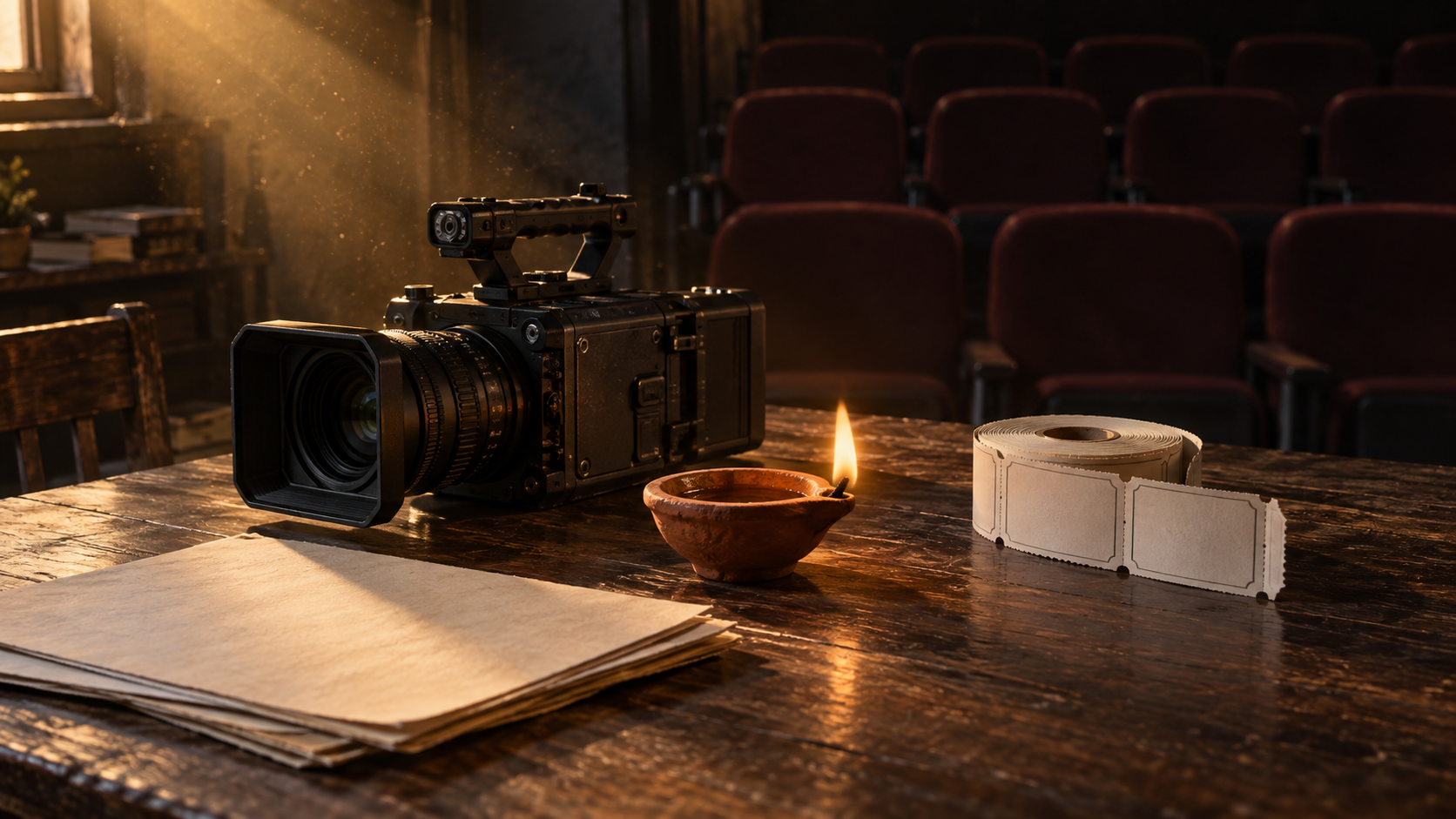 A film camera, blank tickets, production papers, and a lit clay lamp rest on a table before shadowed cinema seats.