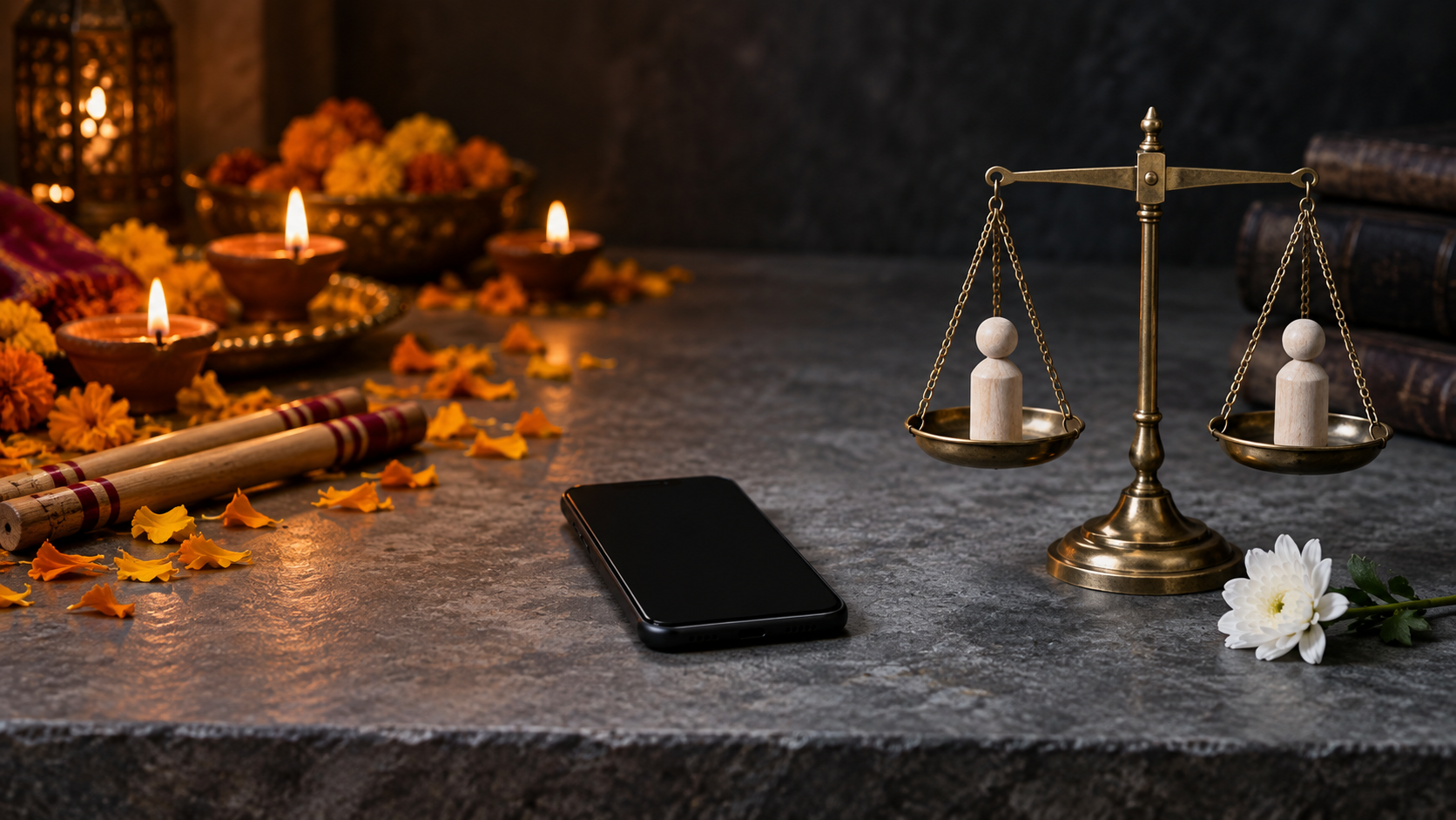A blank-screen smartphone, balanced brass scale, identical human-shaped tokens, white flower, clay lamps, marigold petals, and wooden dance sticks arranged on a stone table.