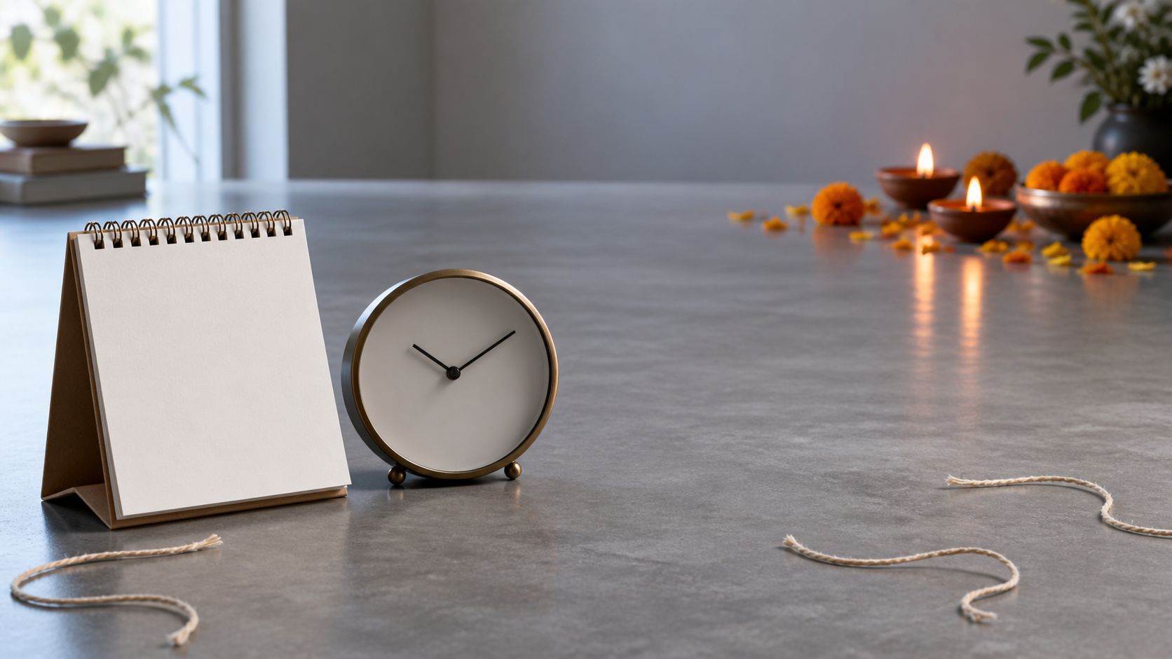 A blank desk calendar and analog clock sit apart from clay lamps and marigold petals, with unconnected threads between them.