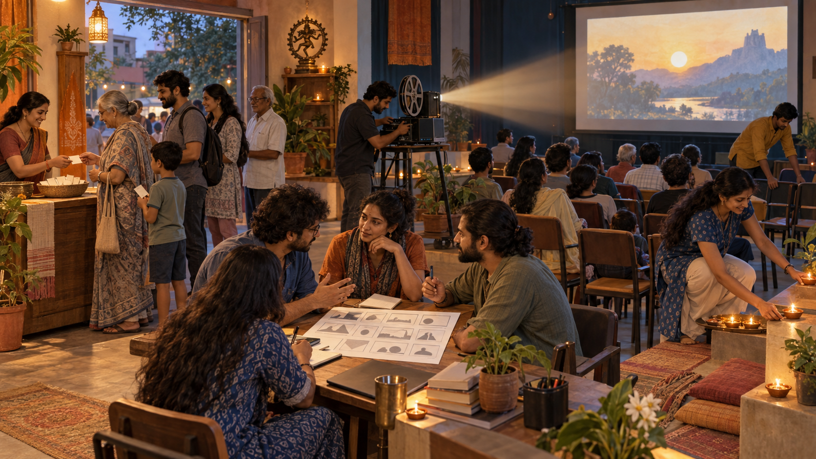 Viewers, filmmakers, technicians, and volunteers work together around a small cinema venue lit by a projector and oil lamps.