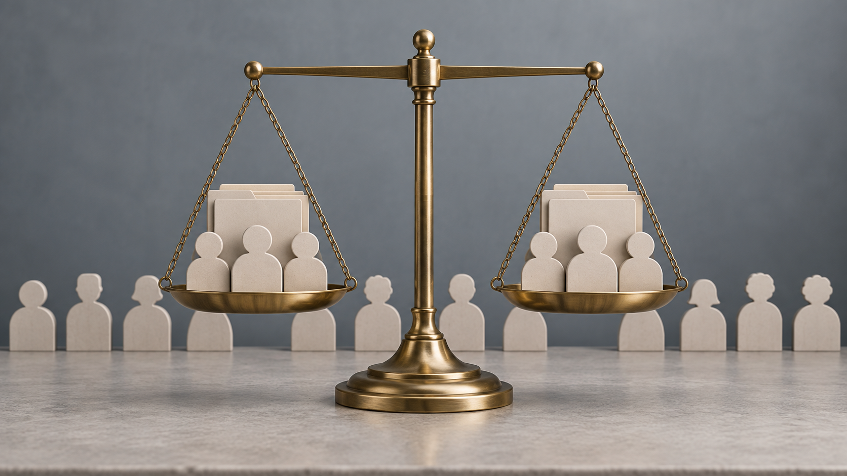 A balanced scale holds matching featureless profile tokens and blank folders, with more unlabeled tokens arranged evenly behind it.