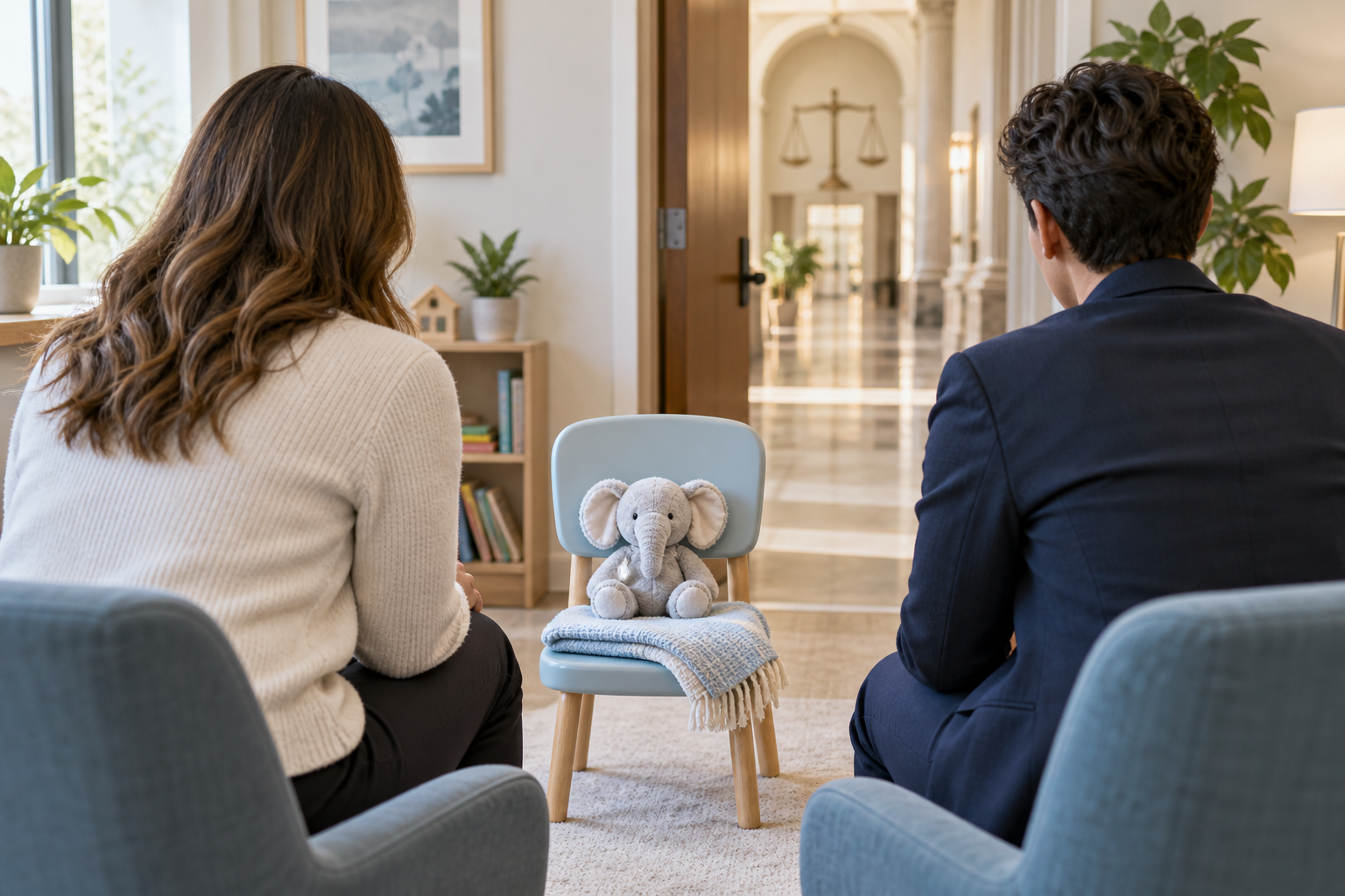 An empty child's chair with a blanket and stuffed elephant sits between two supportive adults in a private advocacy room leading to a courthouse corridor.