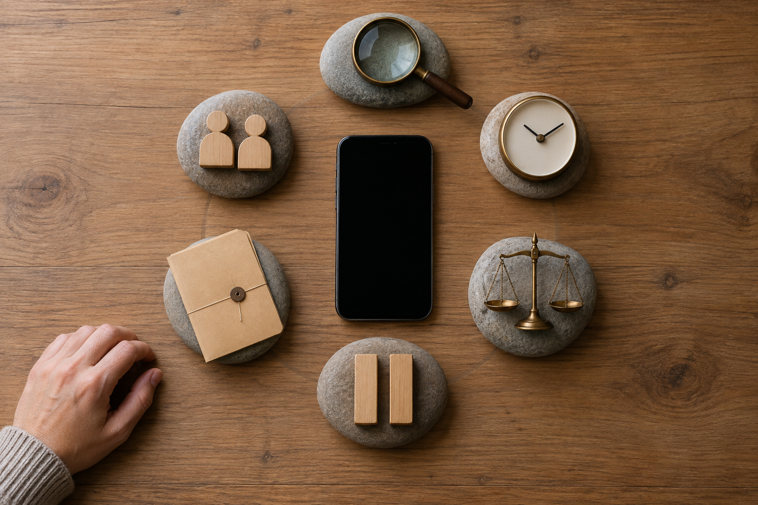 A blank smartphone is surrounded by six stones and verification objects while a hand pauses at the edge of the table.