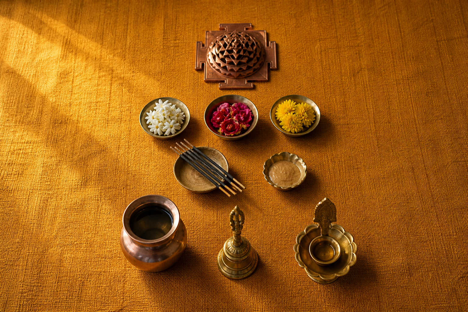 Copper and brass worship vessels, flowers, incense, a bell, and a lamp are arranged in an orderly progression toward a small Sri Chakra.
