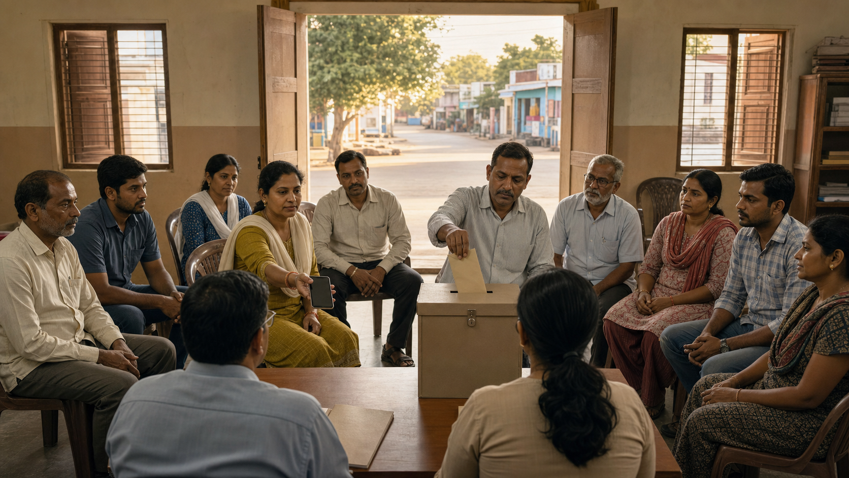 Citizens in a public meeting hall calmly share a phone and an envelope with neutral legal observers and a secure evidence box.