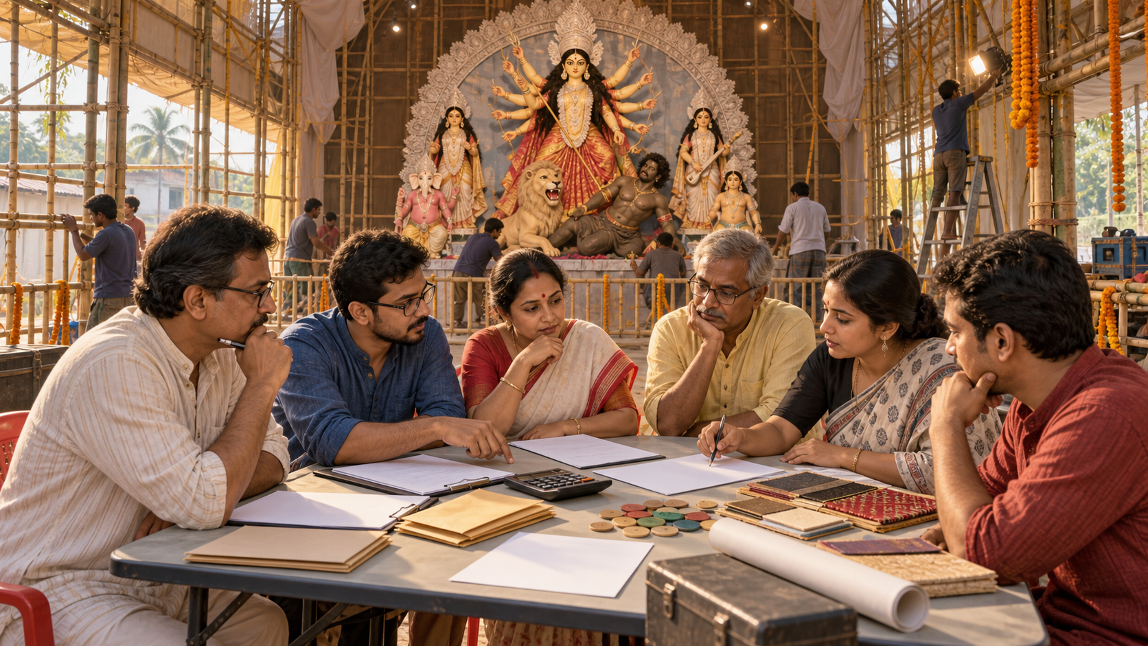 Durga Puja committee members review budget materials at a table inside a community pandal while an idol tableau and festival preparations appear behind them.