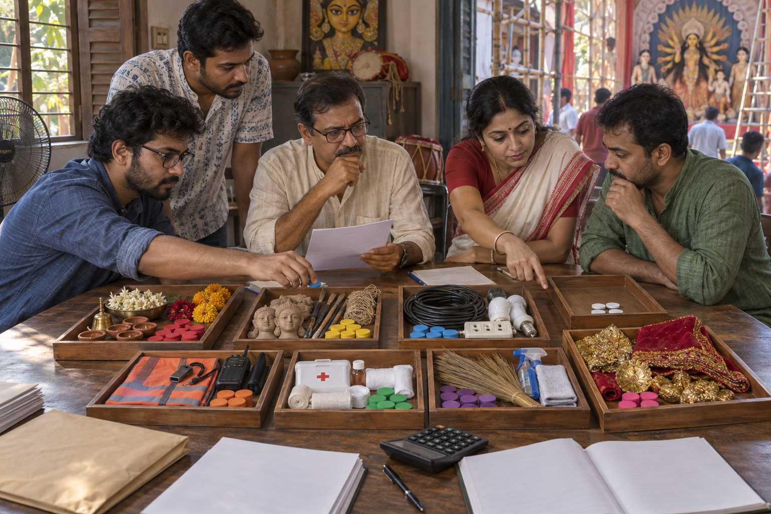 Committee members divide generic budget tokens among trays for ritual supplies, safety, sanitation, artisans, and other Puja expenses.