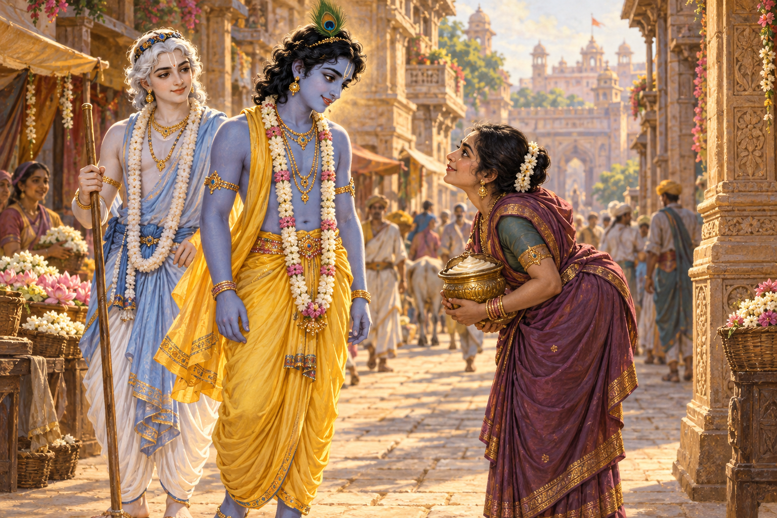 Krishna and Balarama meet Trivakra carrying a vessel of sandalwood paste on a street in ancient Mathura.