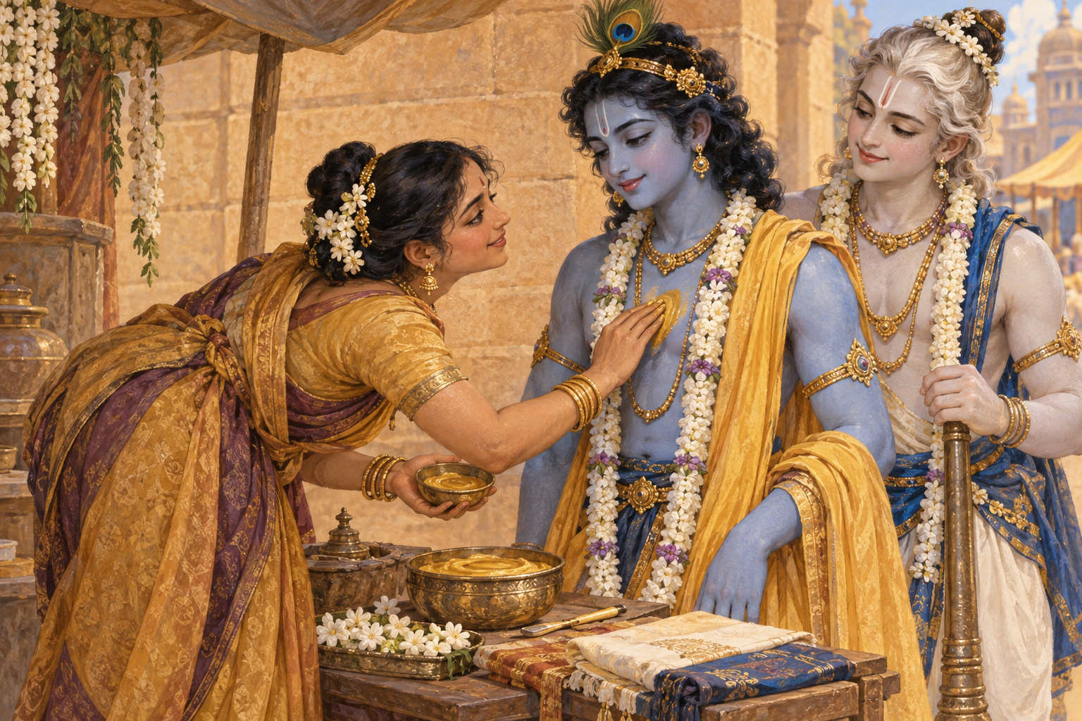 Trivakra carefully applies sandalwood paste to Krishna as Balarama stands beside him in a Mathura street.