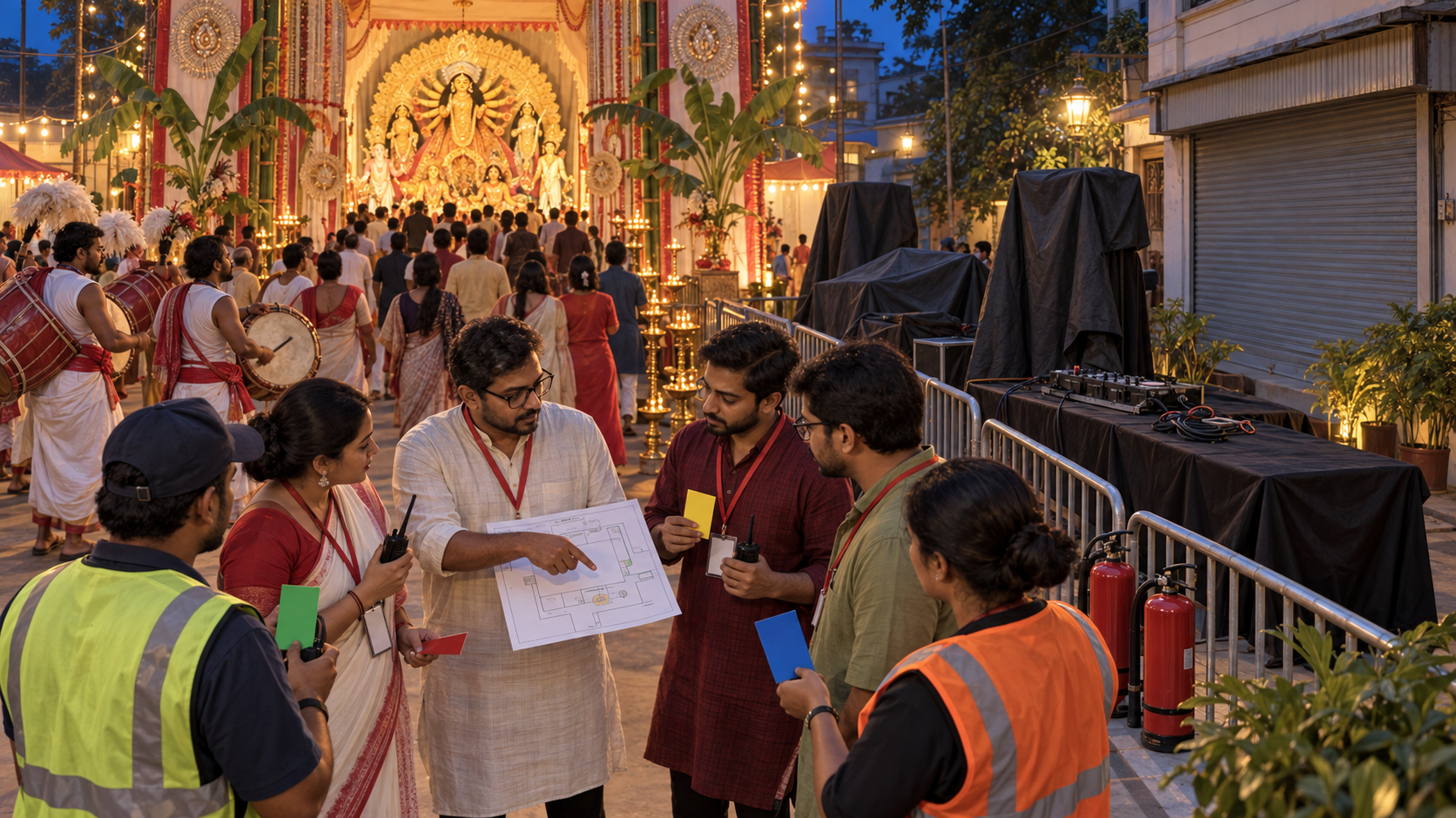 Puja volunteers manage an Ashtami crowd near covered DJ equipment and a closed shop while devotees and dhak drummers approach the illuminated Durga altar.
