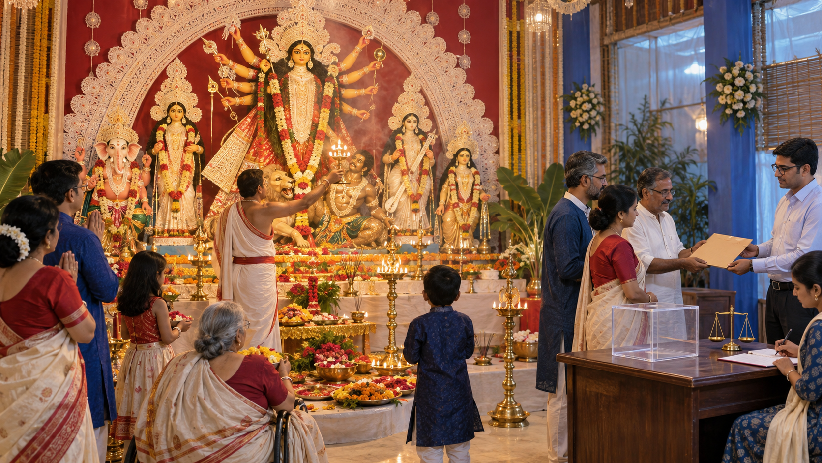 Worshippers attend arati before a Durga altar while committee representatives receive an unmarked document folder from a civil official at a nearby desk.