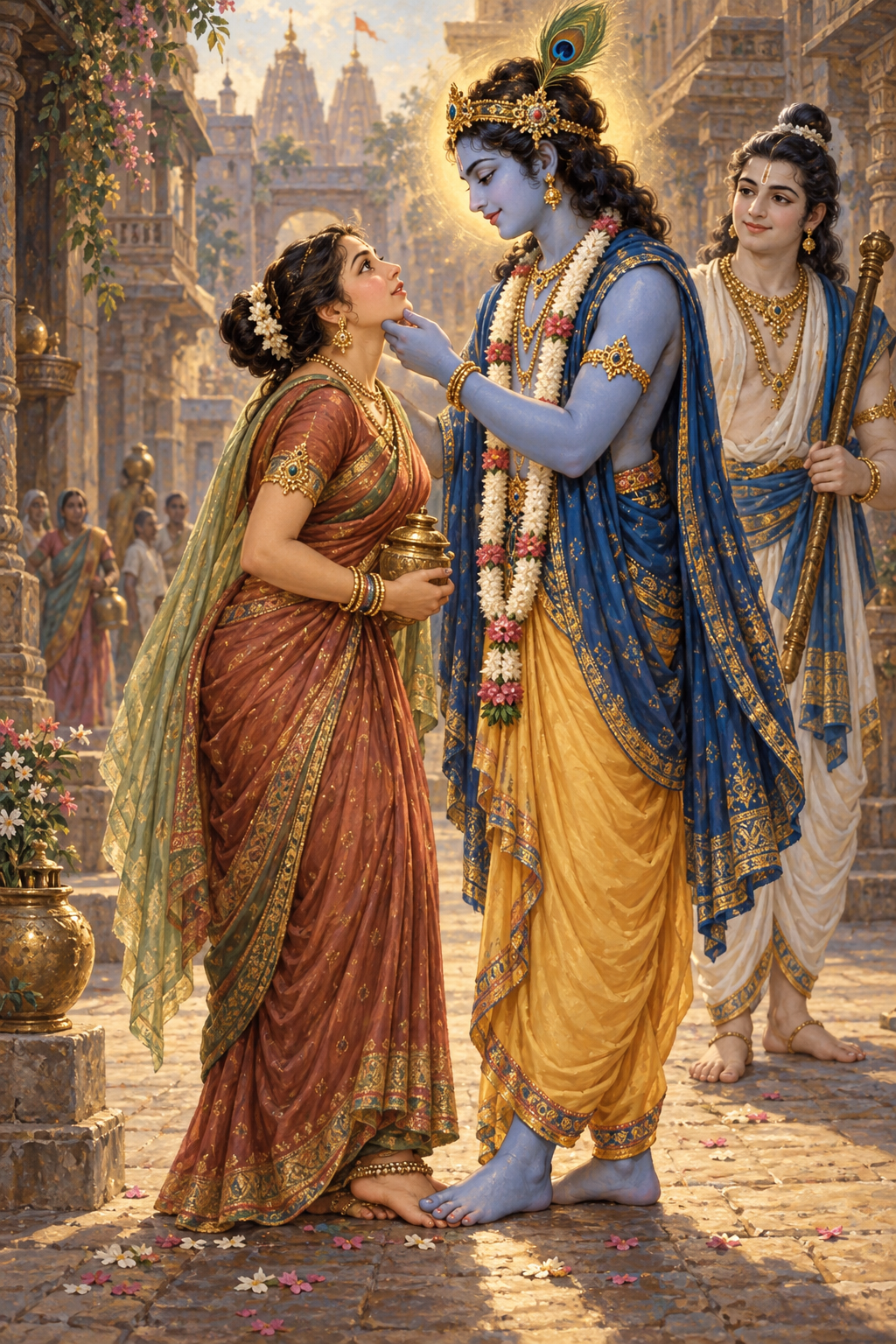 Krishna gently raises Trivakra as her bent posture begins to straighten, with Balarama watching nearby.
