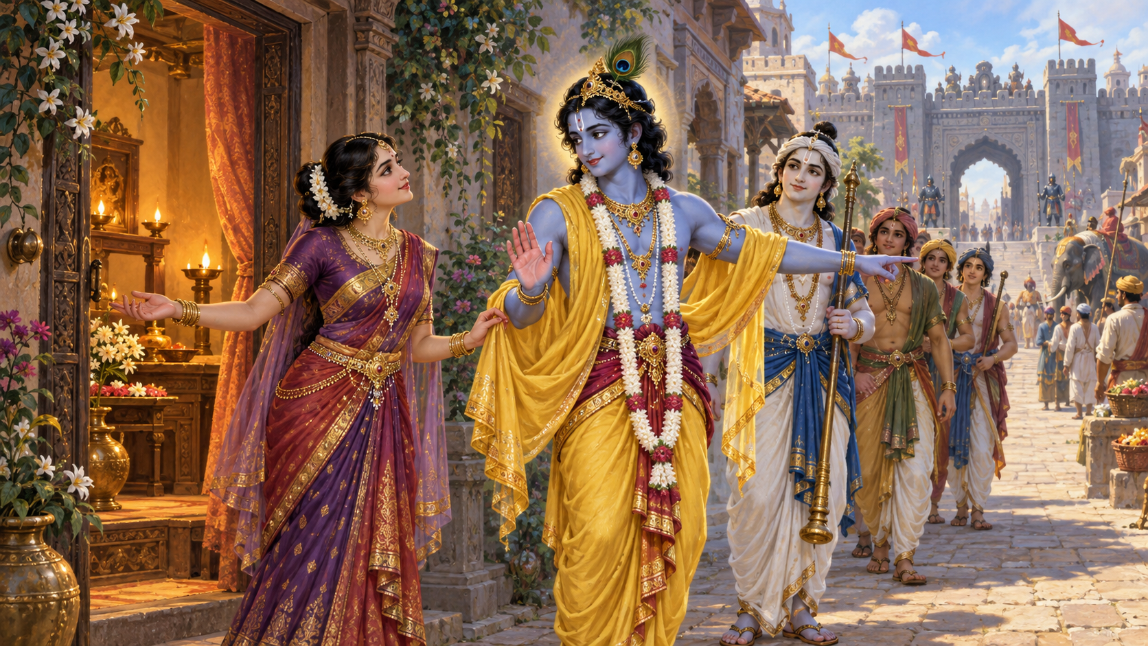 Trivakra gestures toward her home while Krishna acknowledges her and indicates the road ahead, where Balarama and companions wait.