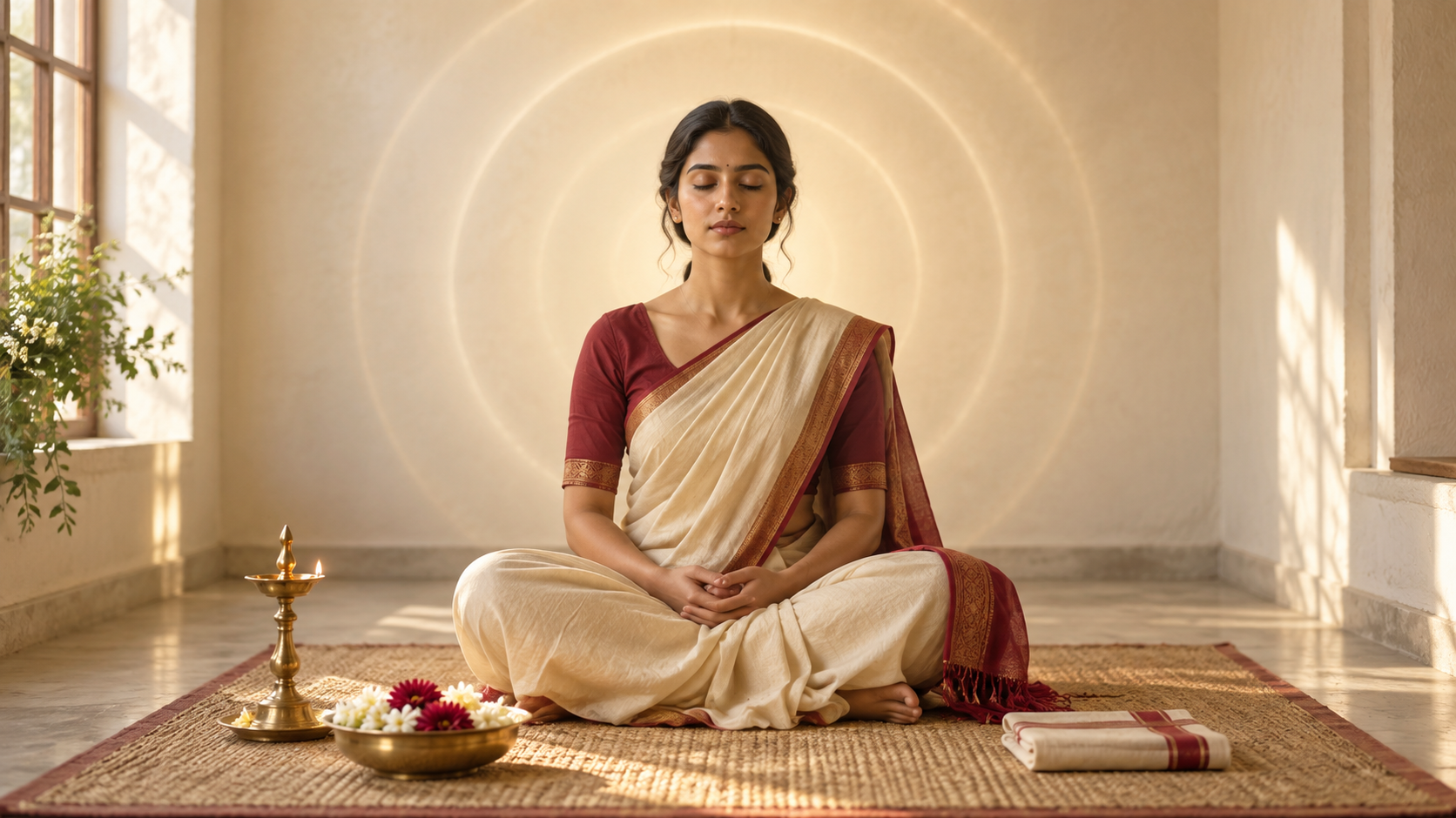 A practitioner sits in meditation on a woven mat beside a brass lamp and flowers as soft light concentrates around the figure.
