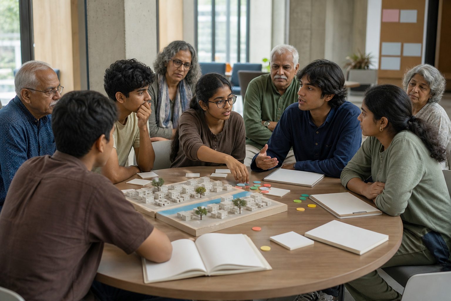 Teenagers lead a round-table planning discussion while older community mentors listen and contribute from nearby seats.
