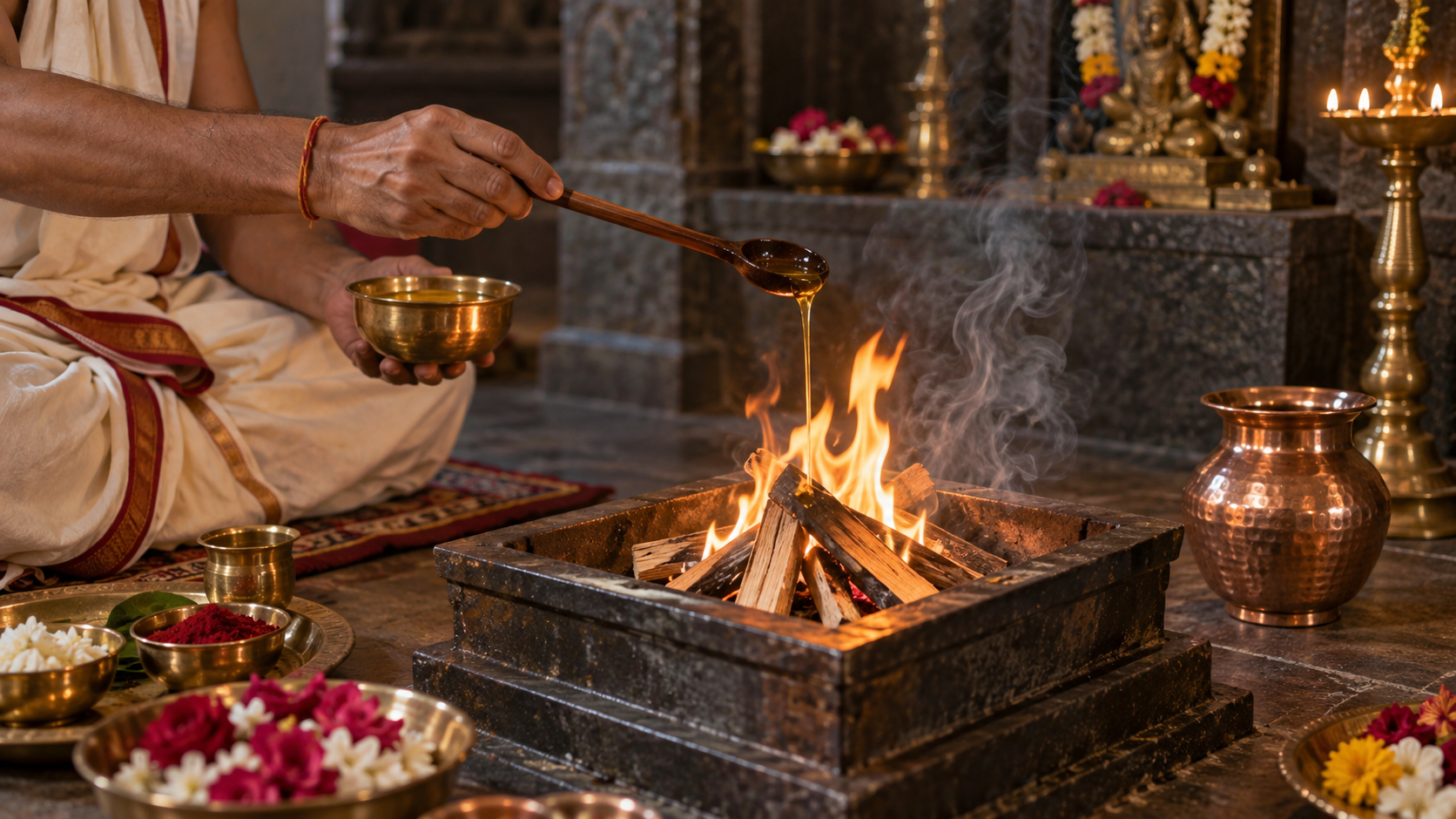 Hands pour an offering from a wooden ladle into a controlled flame in a square homa hearth surrounded by copper vessels and flowers.