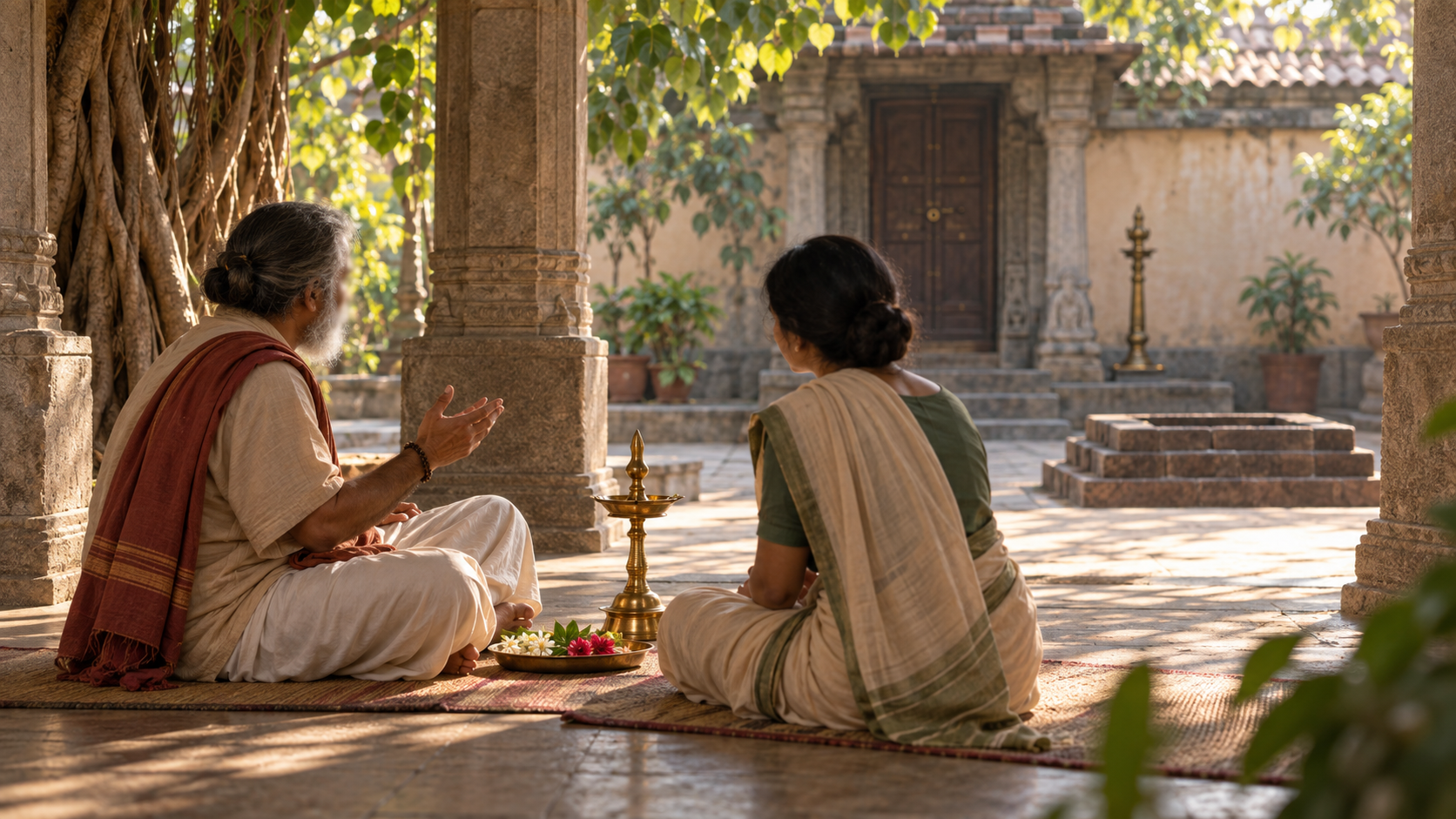 A teacher and student sit in conversation on a shrine veranda with an unlit lamp, flowers, and an unused ritual hearth nearby.