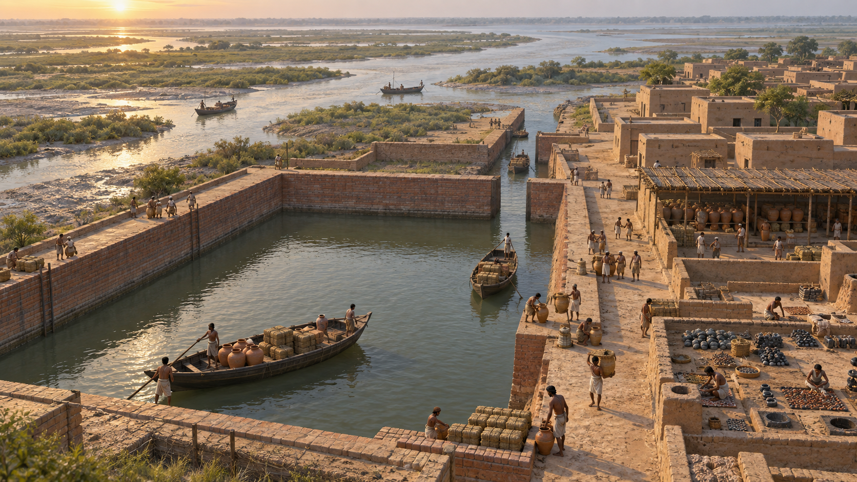 Reconstruction of ancient Lothal showing a brick-lined basin, wooden cargo boats, waterfront workers and the adjoining Harappan settlement near a tidal channel.