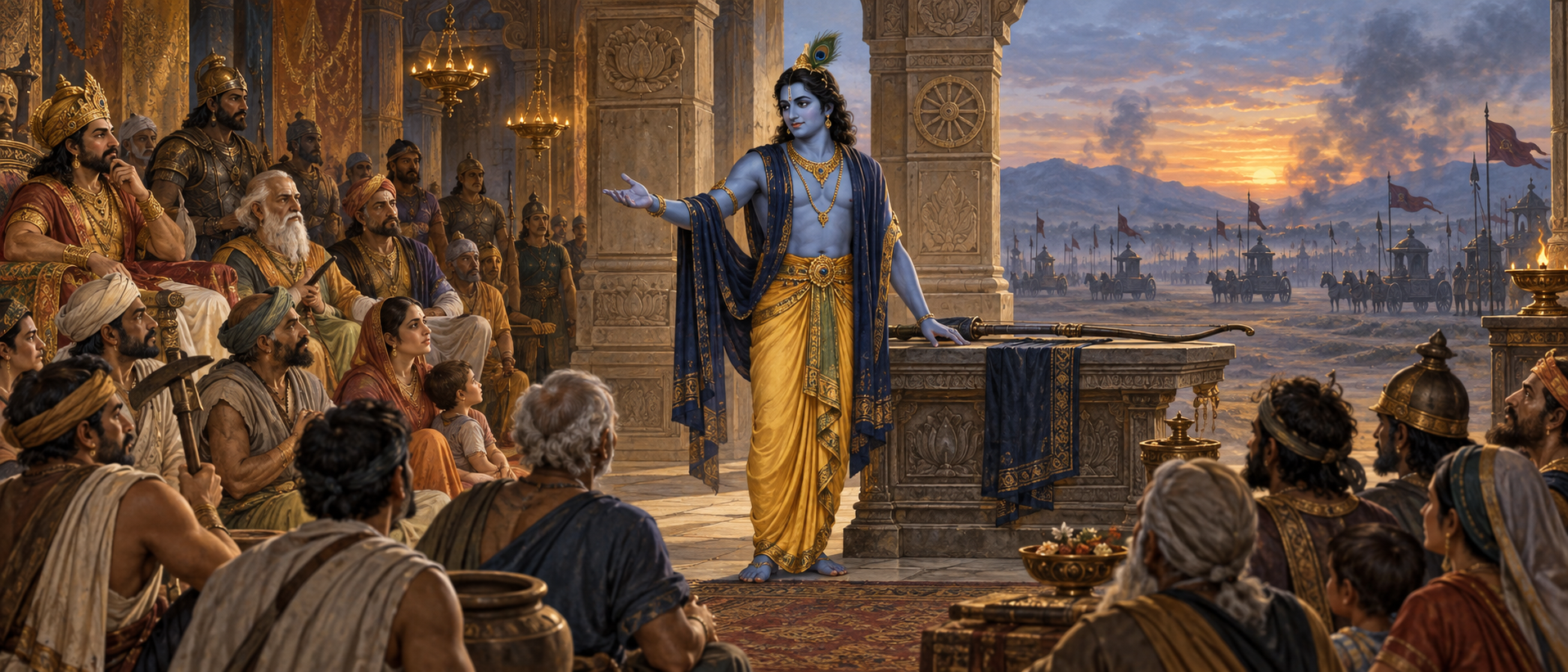Krishna stands between a royal council and a distant battlefield, gesturing toward citizens while an unstrung bow rests on a stone table.