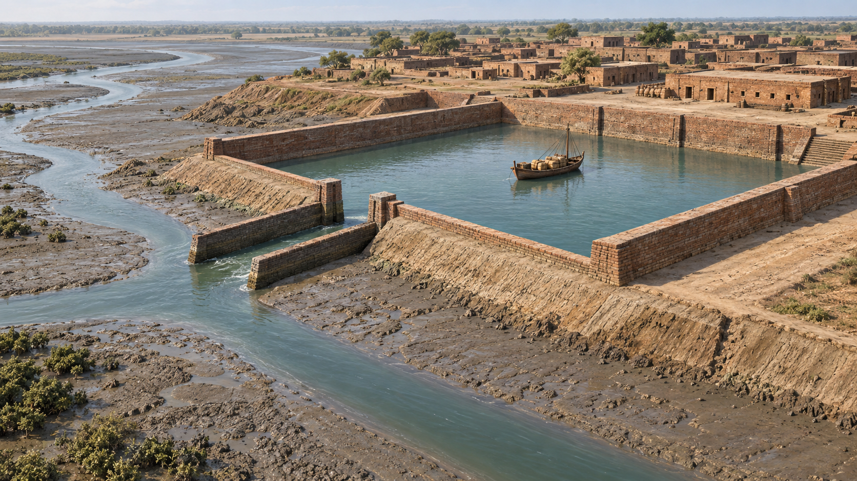 Cutaway reconstruction of Lothal's brick basin connected to a tidal channel, with a wooden boat afloat while muddy outer banks are exposed.