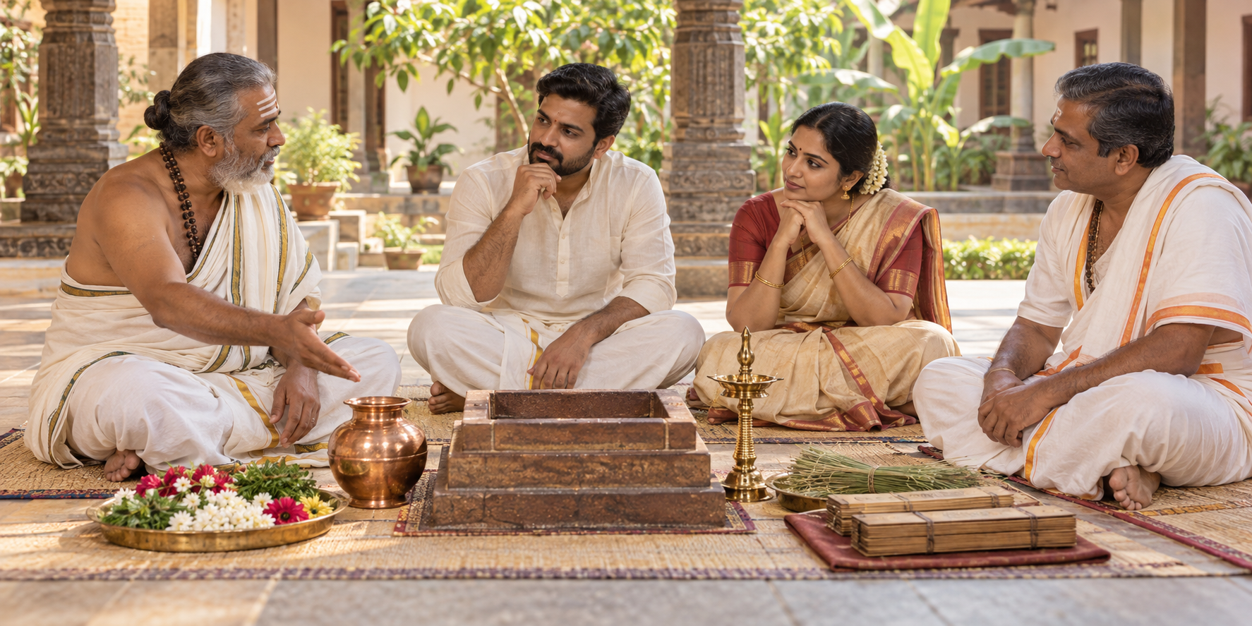 A ritual practitioner, family members, and a temple representative discuss preparations beside an unlit fire altar and arranged ritual objects in a courtyard.