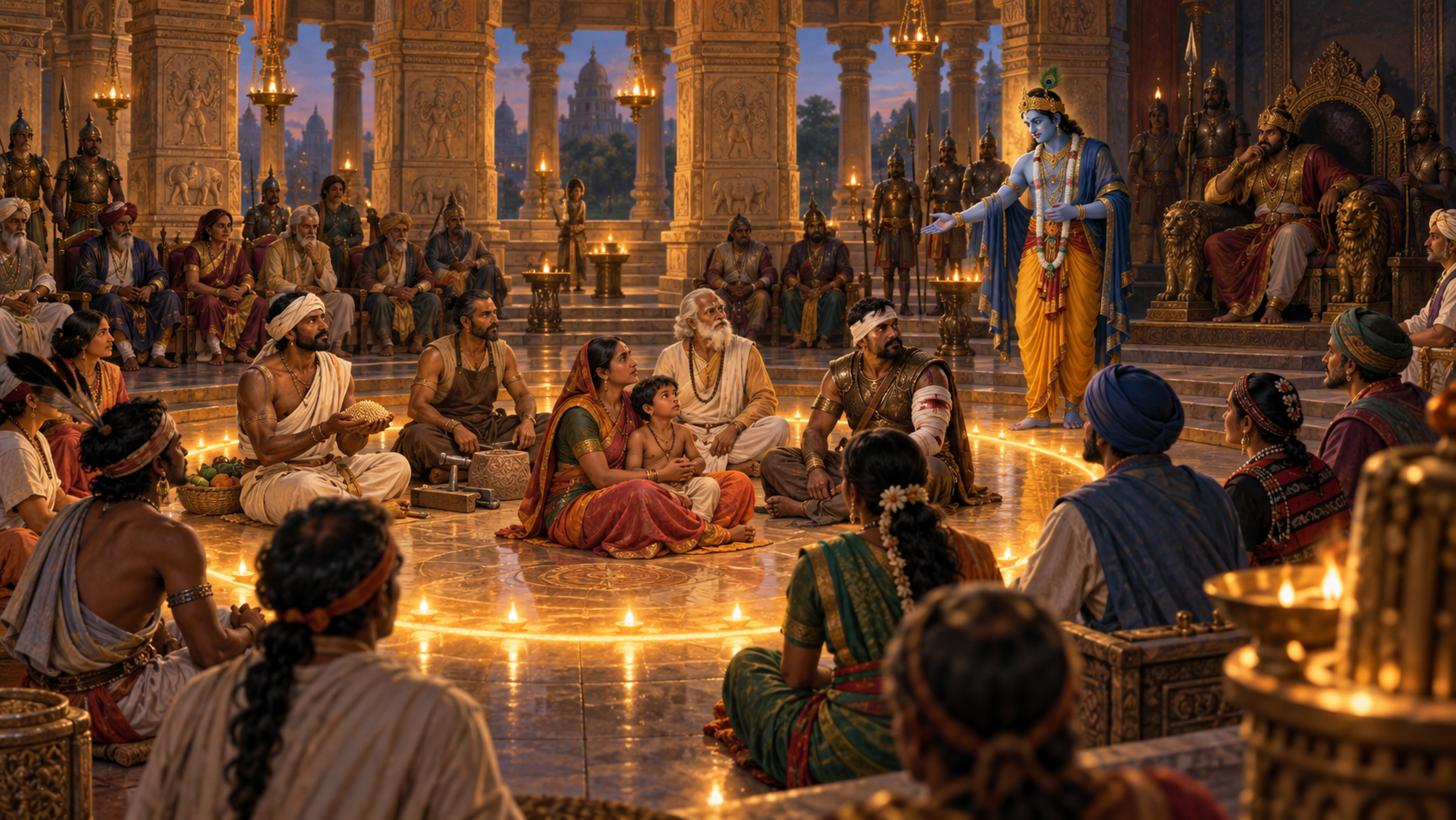 Krishna and members of a royal council look toward farmers, artisans, a family, an elder and a wounded soldier gathered in the center of a pillared hall.